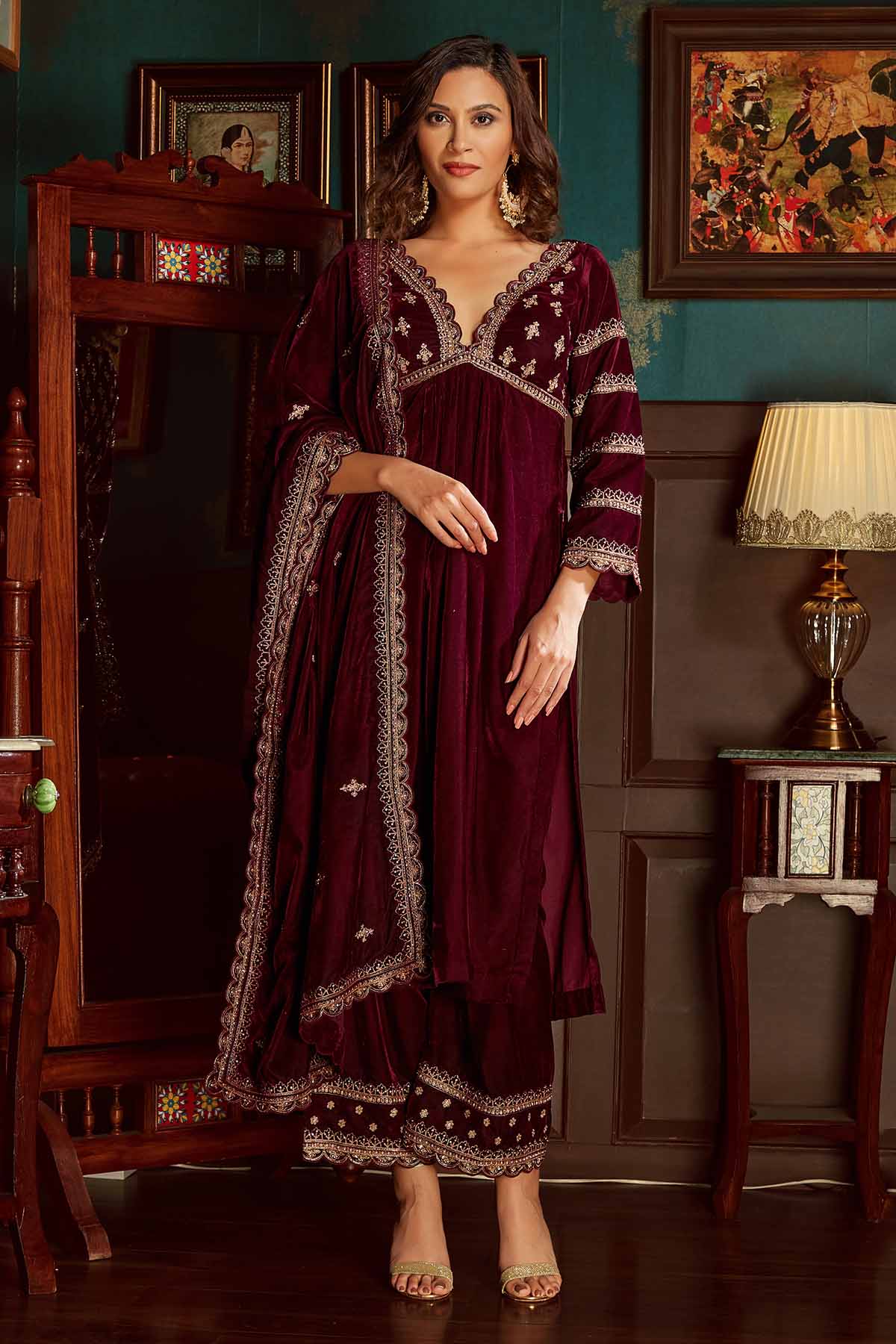 Priyanka Jain Wine Velvet Sequins Kurta Set for women online at ScrollnShops