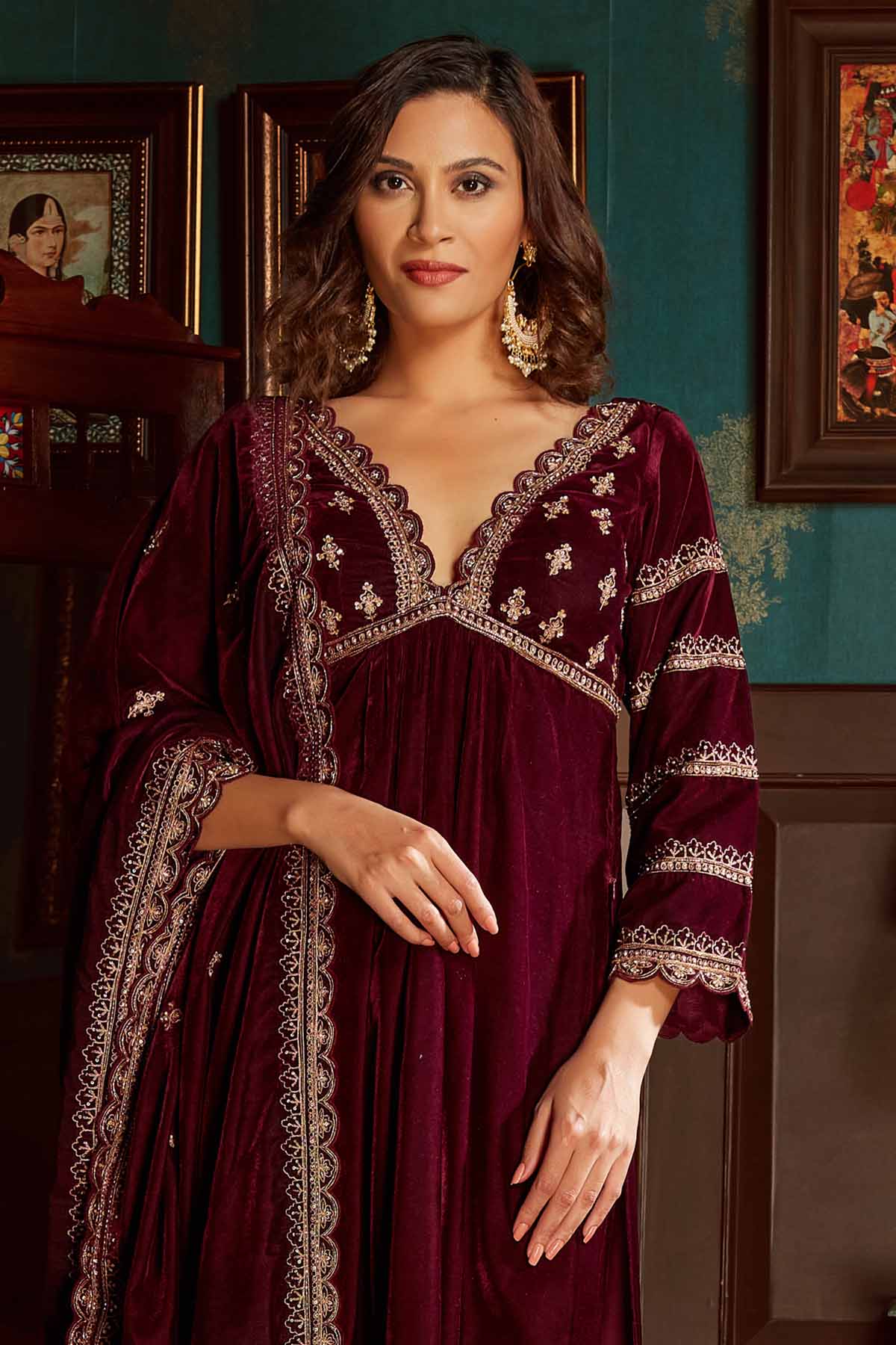 Wine Velvet Sequins Kurta Set