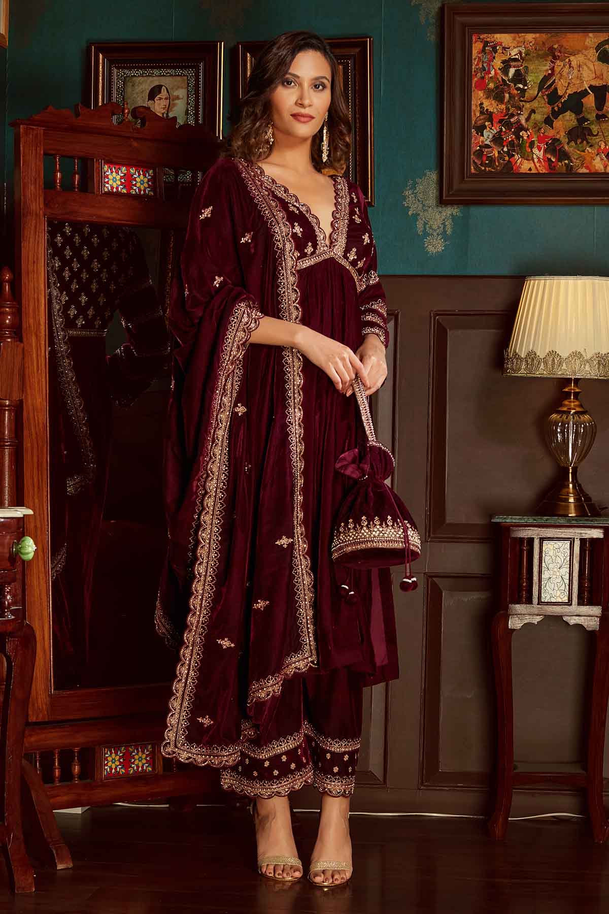 Wine Velvet Sequins Kurta Set