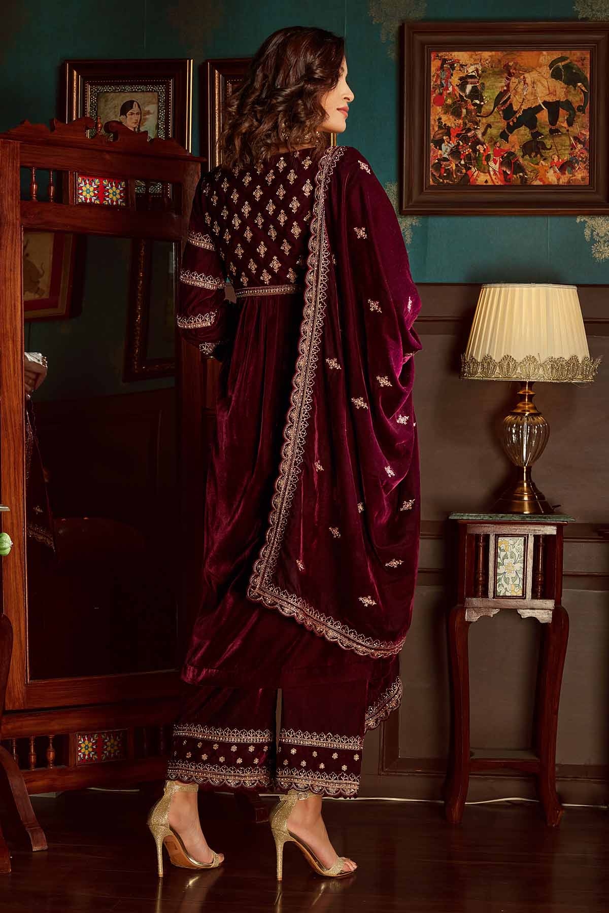 Wine Velvet Sequins Kurta Set