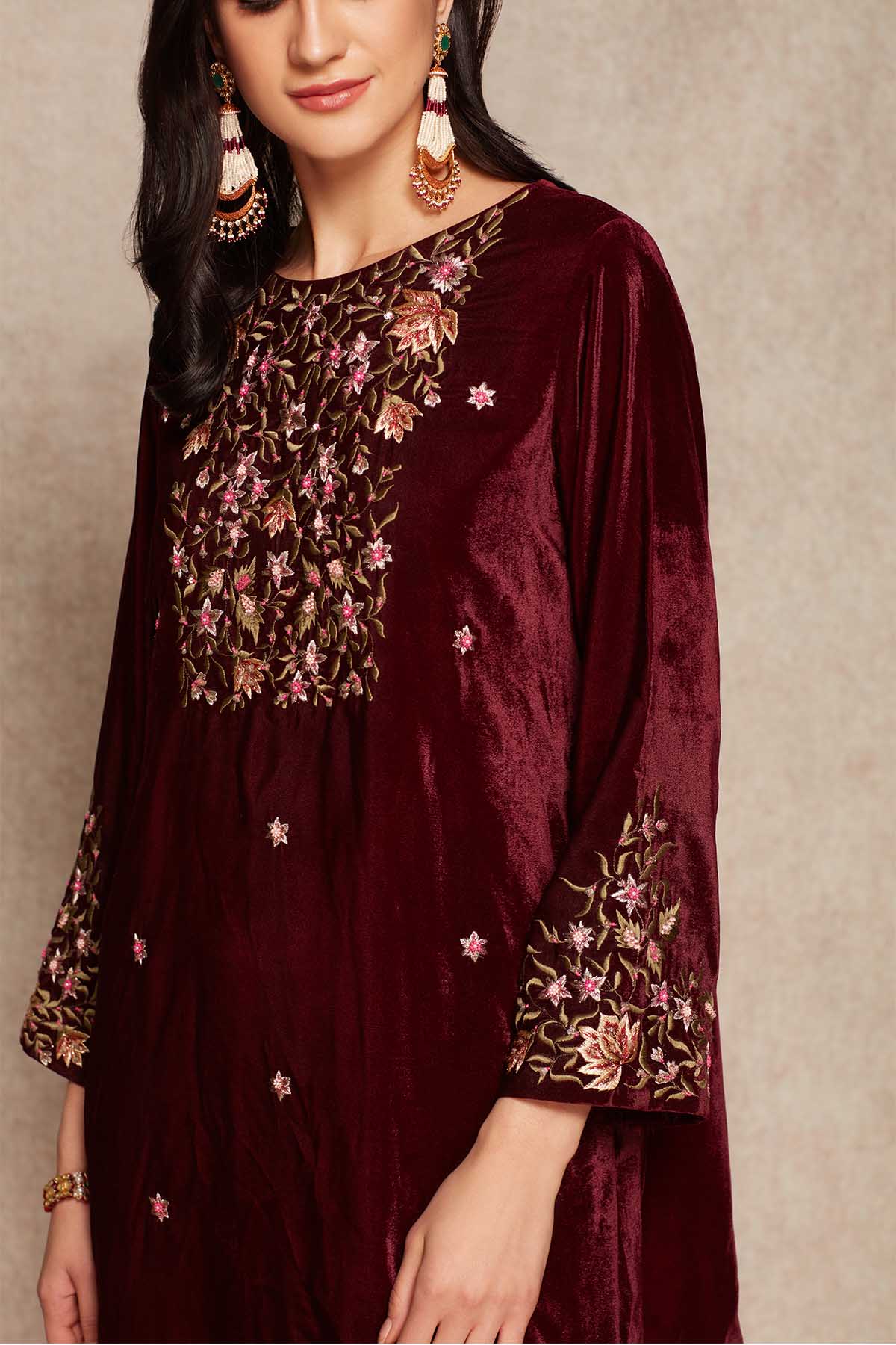Velvet Wine Short Kurta & Dhoti