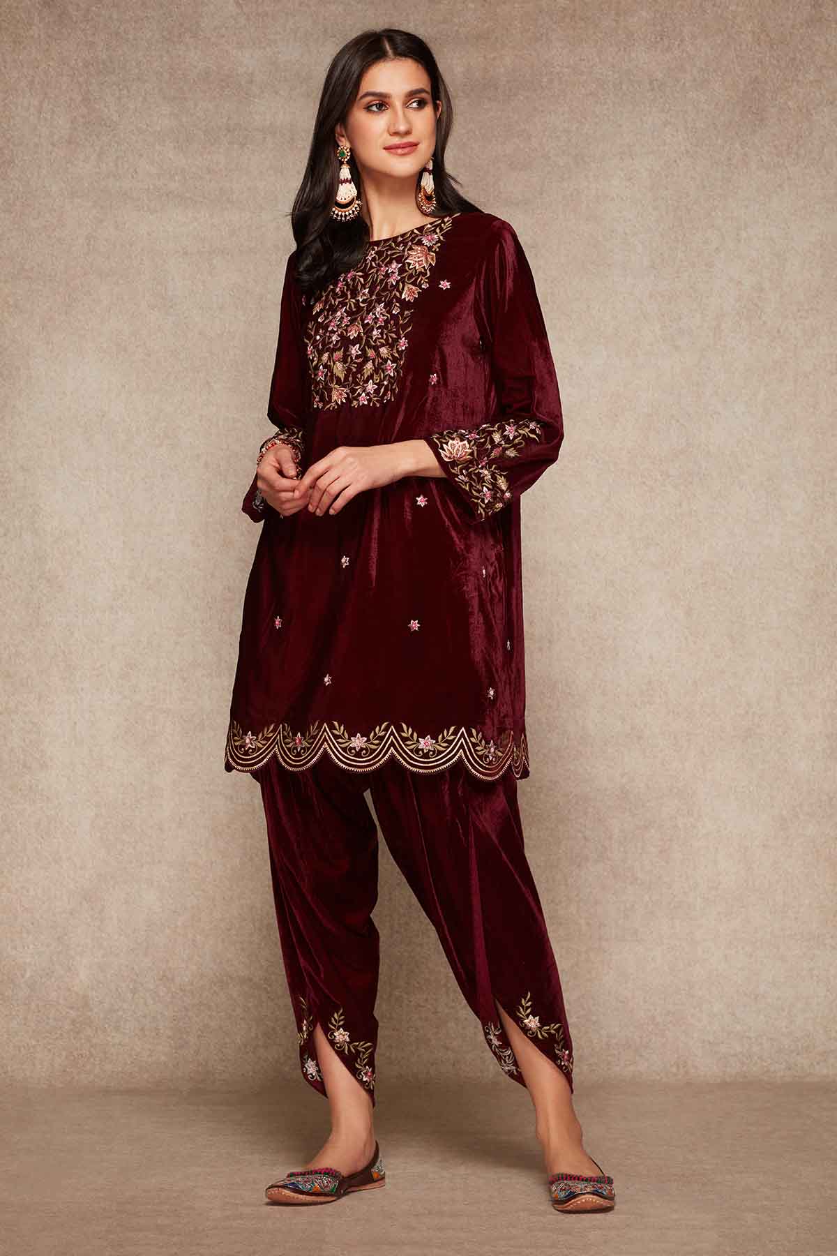 Velvet Wine Short Kurta & Dhoti