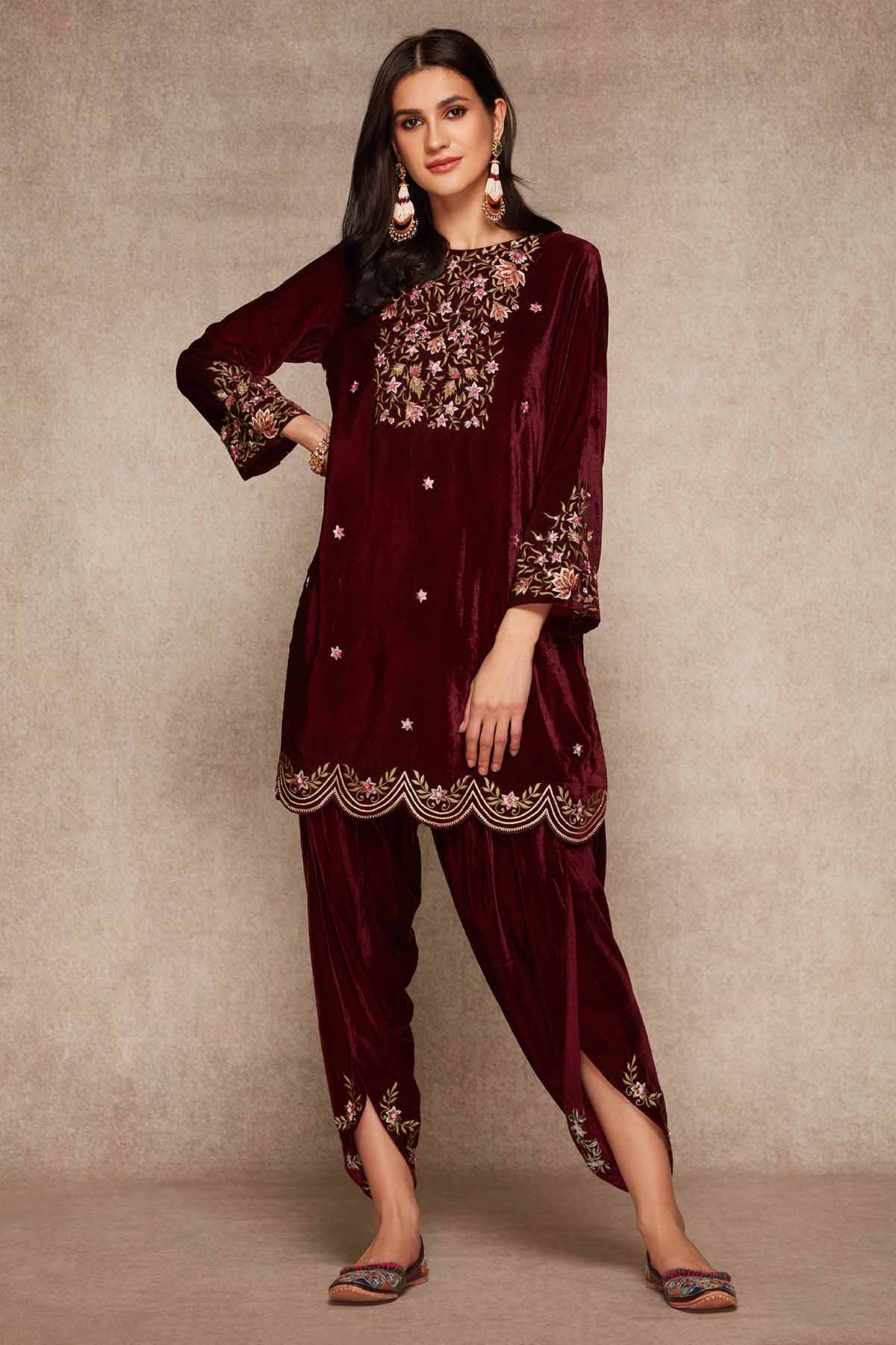 Buy Velvet Wine Short Kurta & Dhoti Online