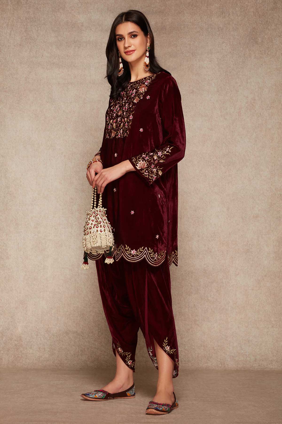 Velvet Wine Short Kurta & Dhoti