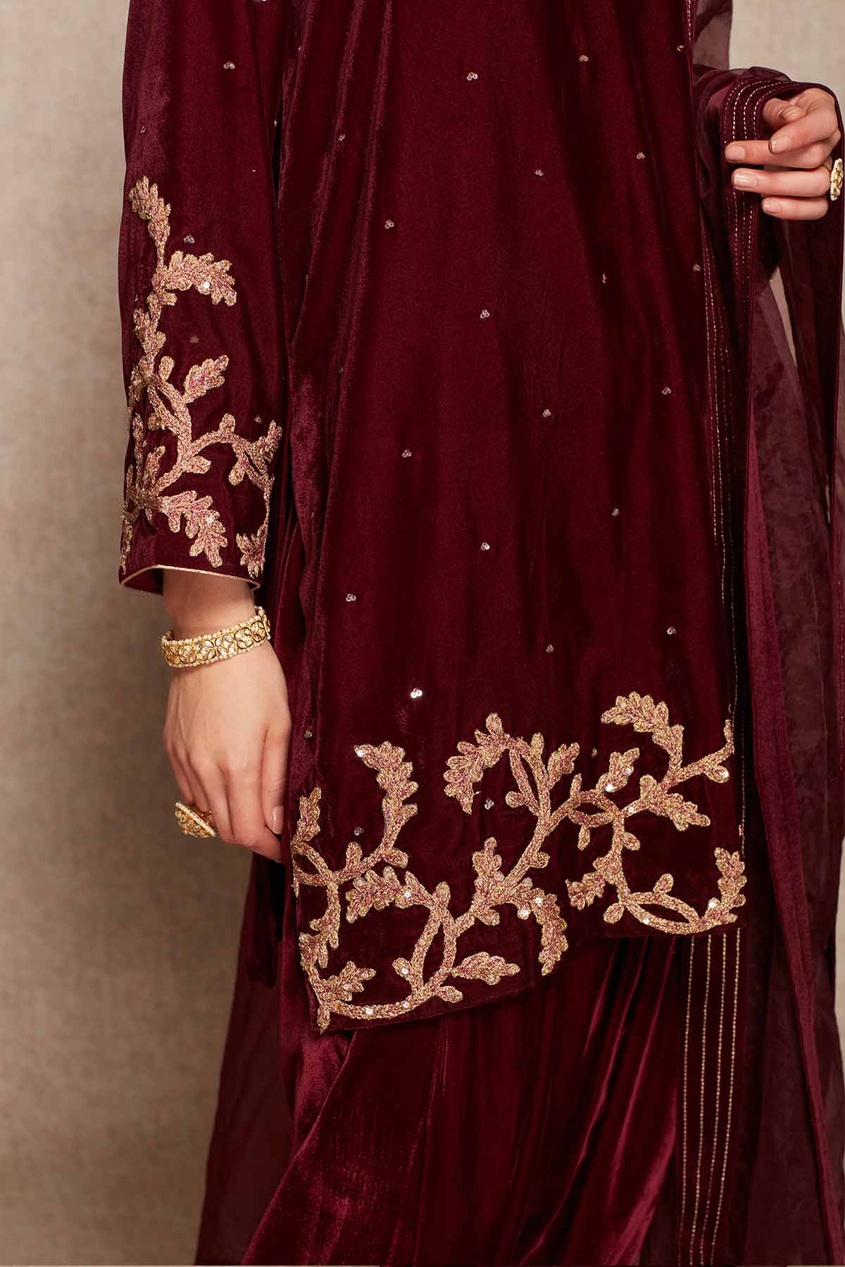 Wine Velvet Short Kurta & Dhoti