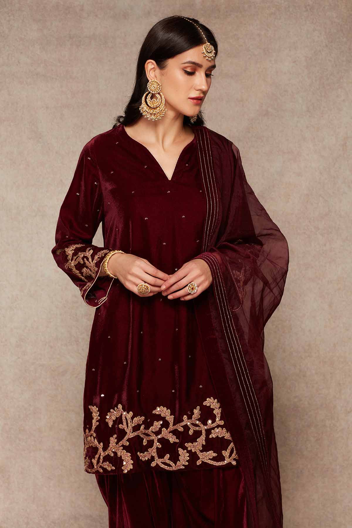 Wine Velvet Short Kurta & Dhoti