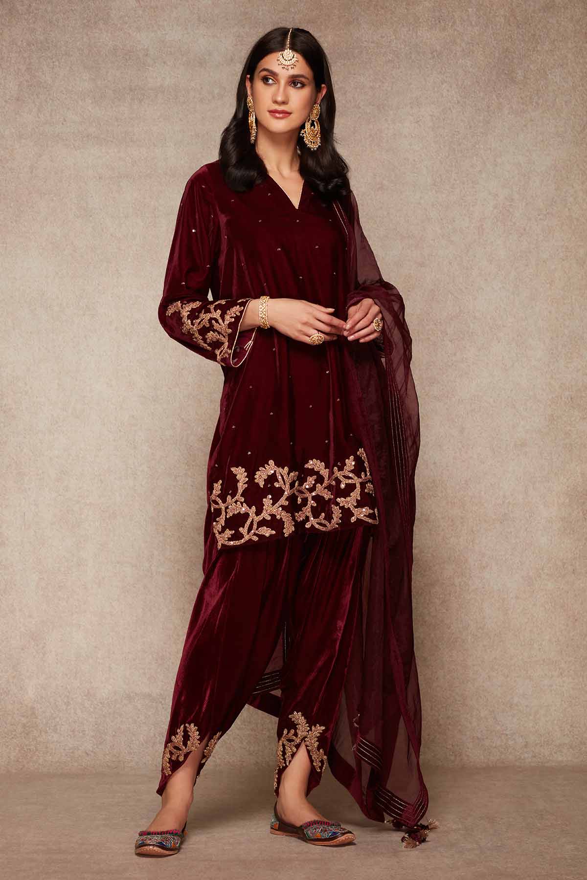 Buy Wine Velvet Short Kurta & Dhoti Online