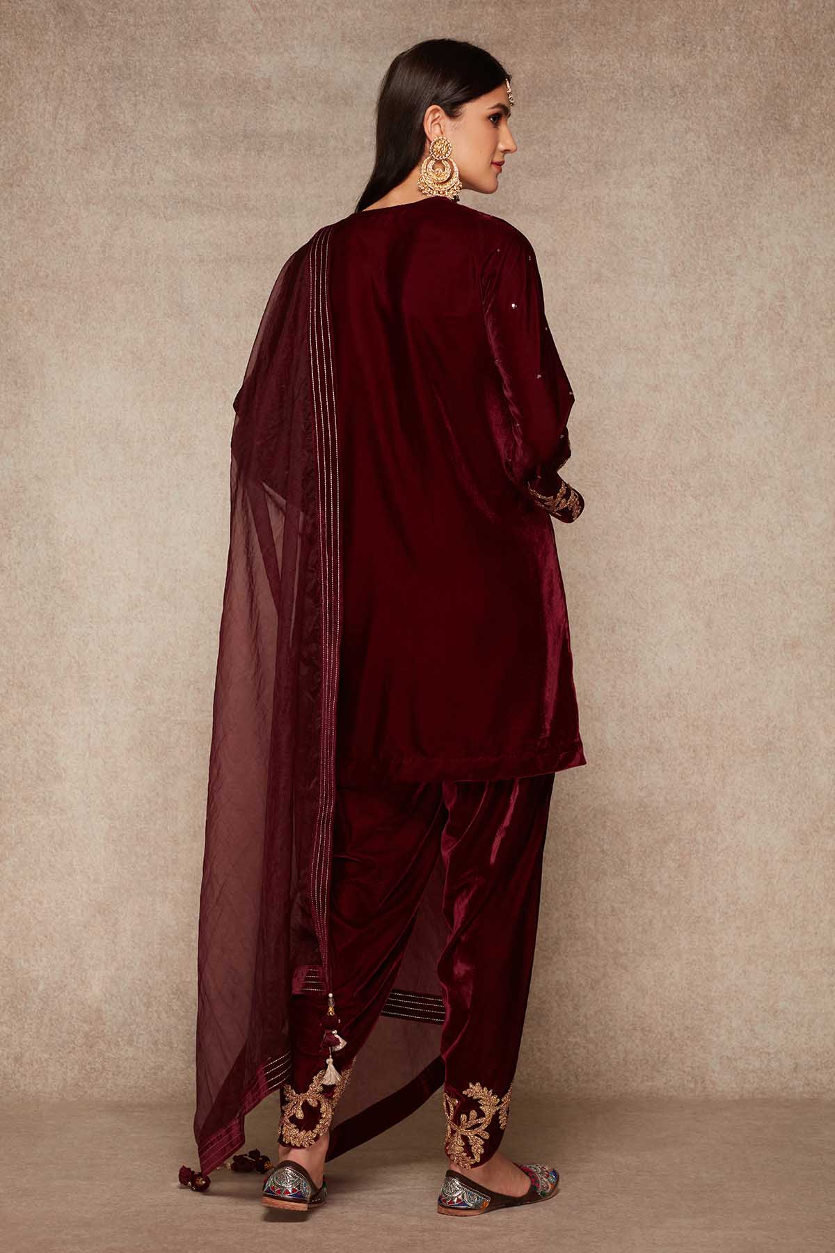Wine Velvet Short Kurta & Dhoti