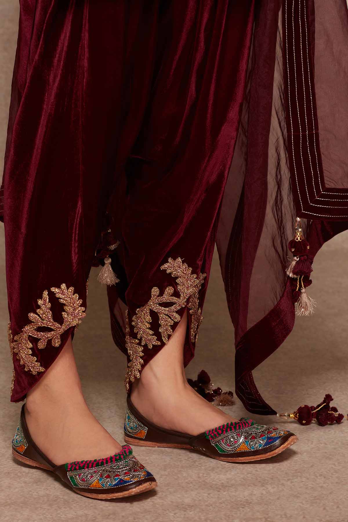 Wine Velvet Short Kurta & Dhoti
