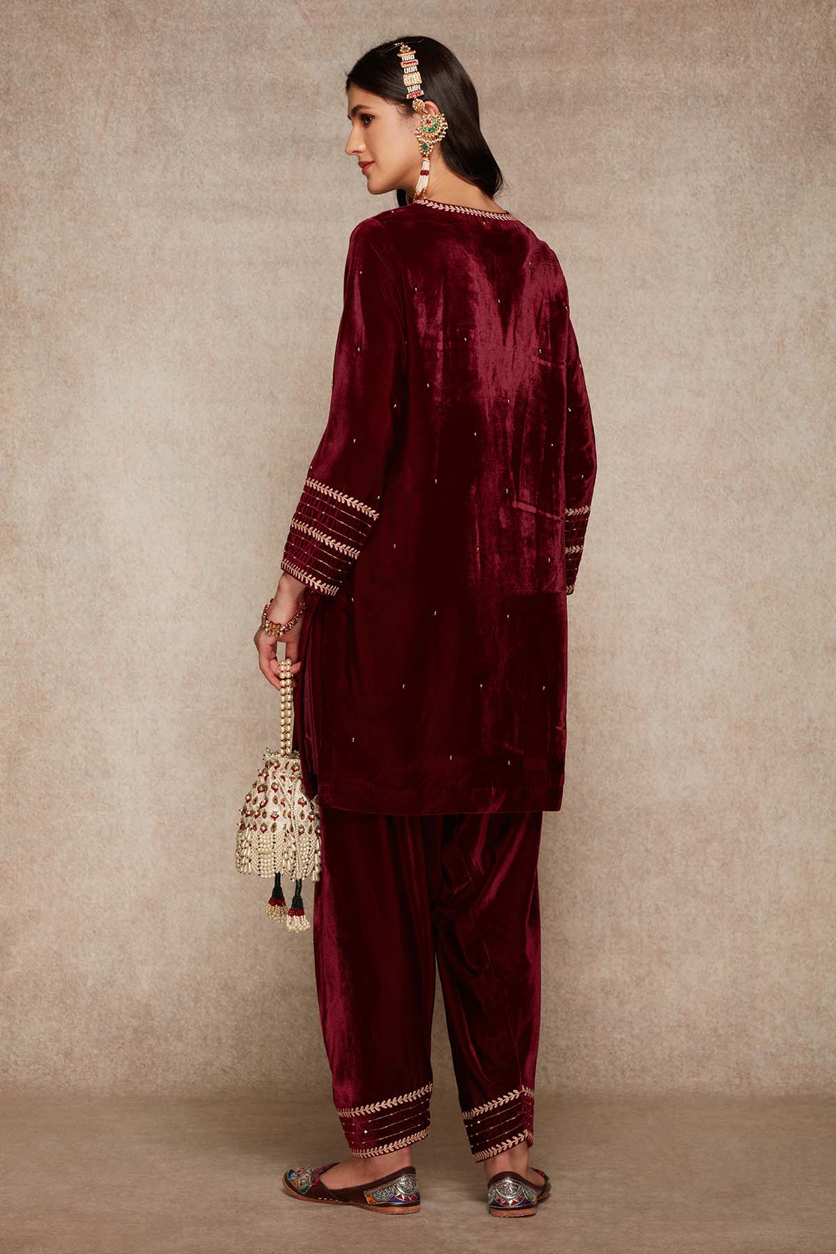Wine Velvet Short Kurta Set
