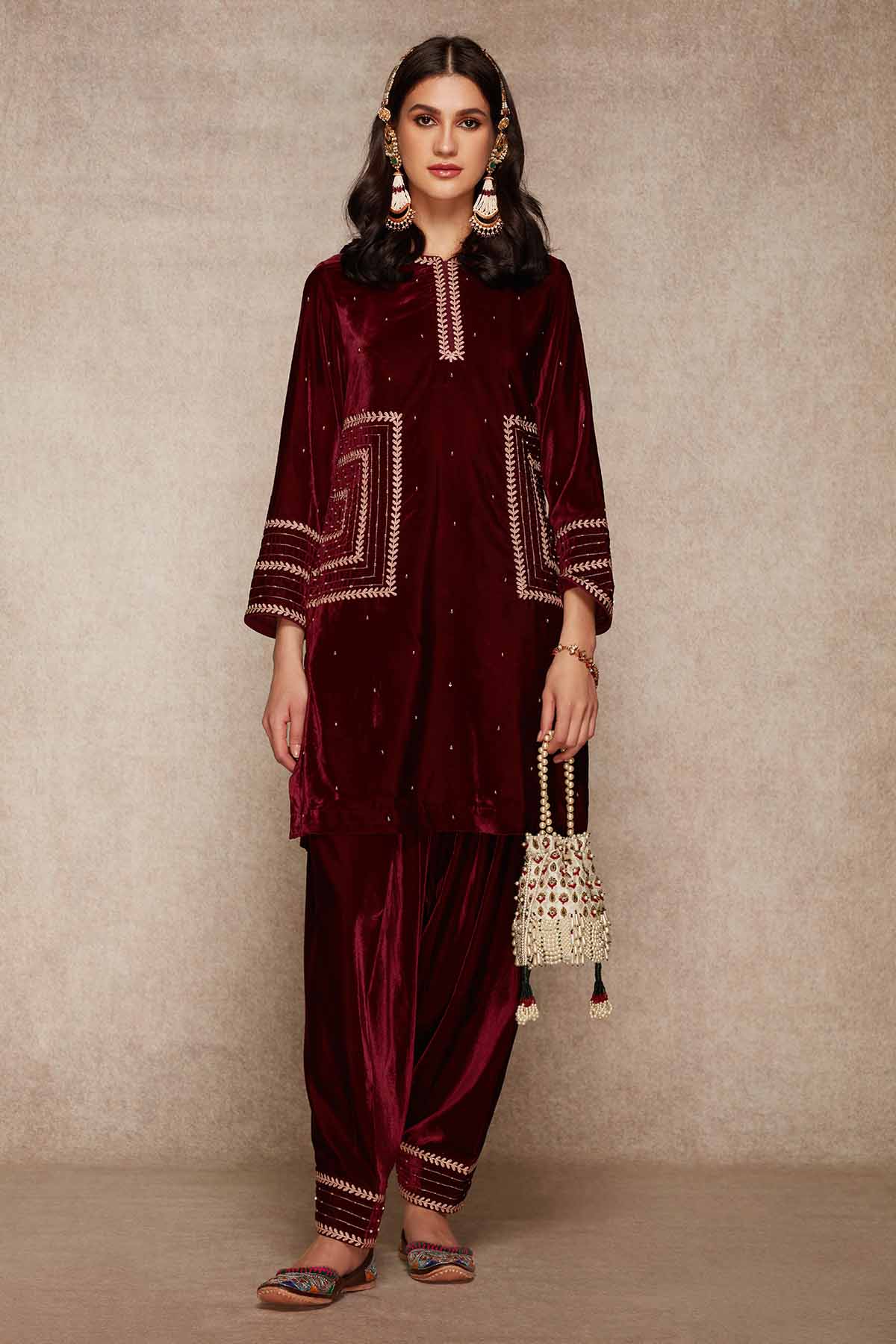 Wine Velvet Short Kurta Set