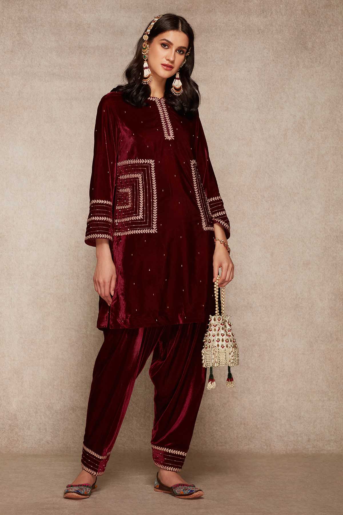 Buy Wine Velvet Short Kurta Set Online