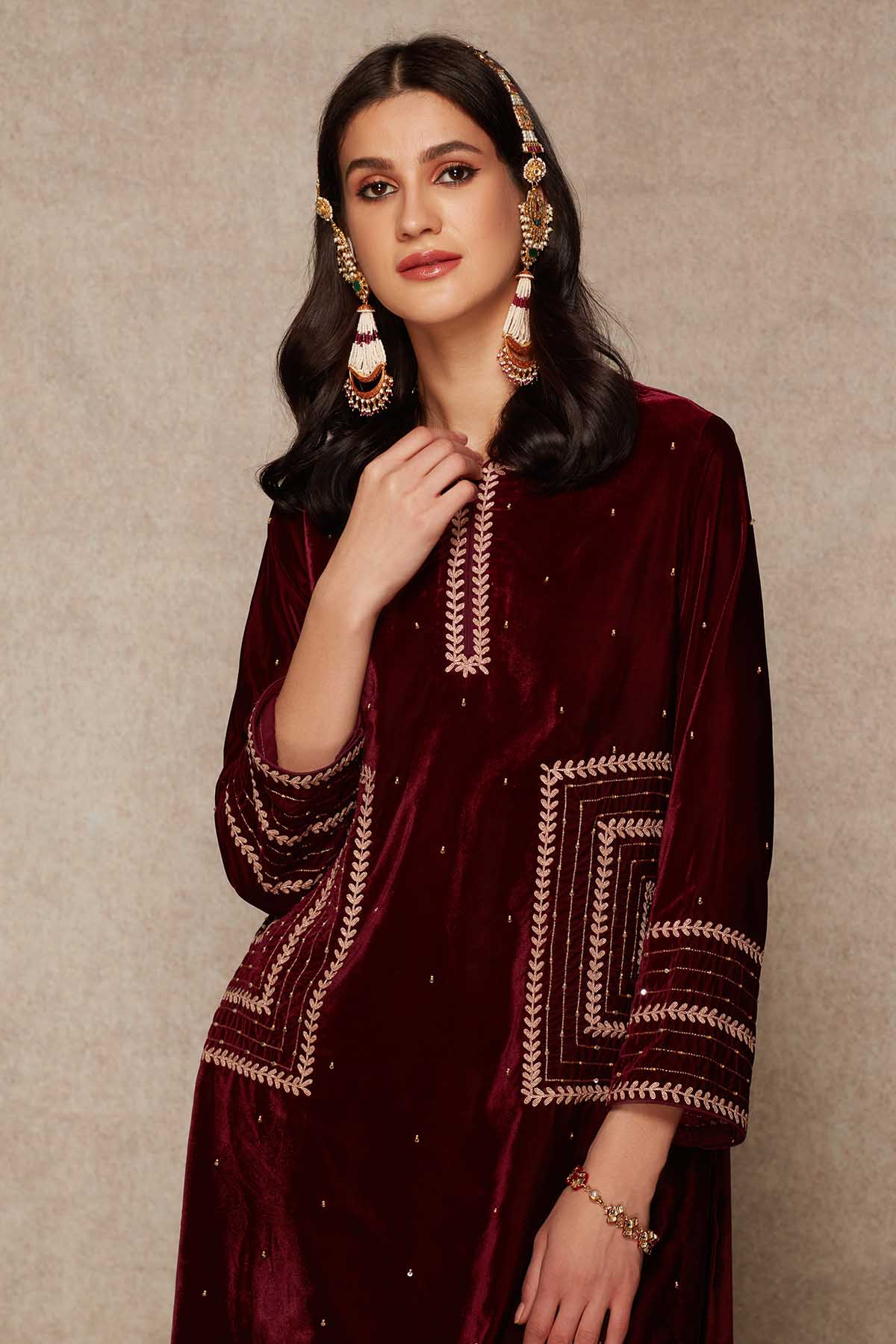 Wine Velvet Short Kurta Set