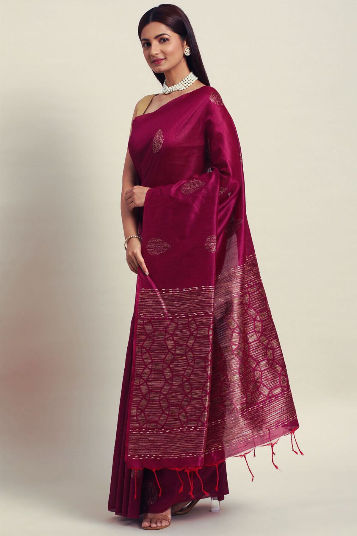 Wine Woven Butti Work Saree