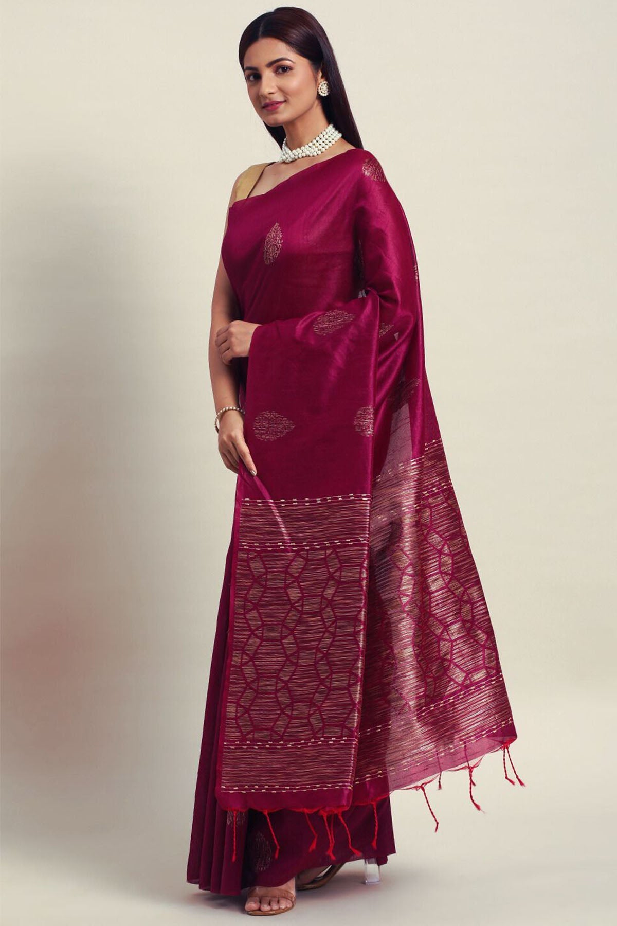 Buy Wine Woven Butti Work Saree by Lili Lala for women online at ScrollnShops