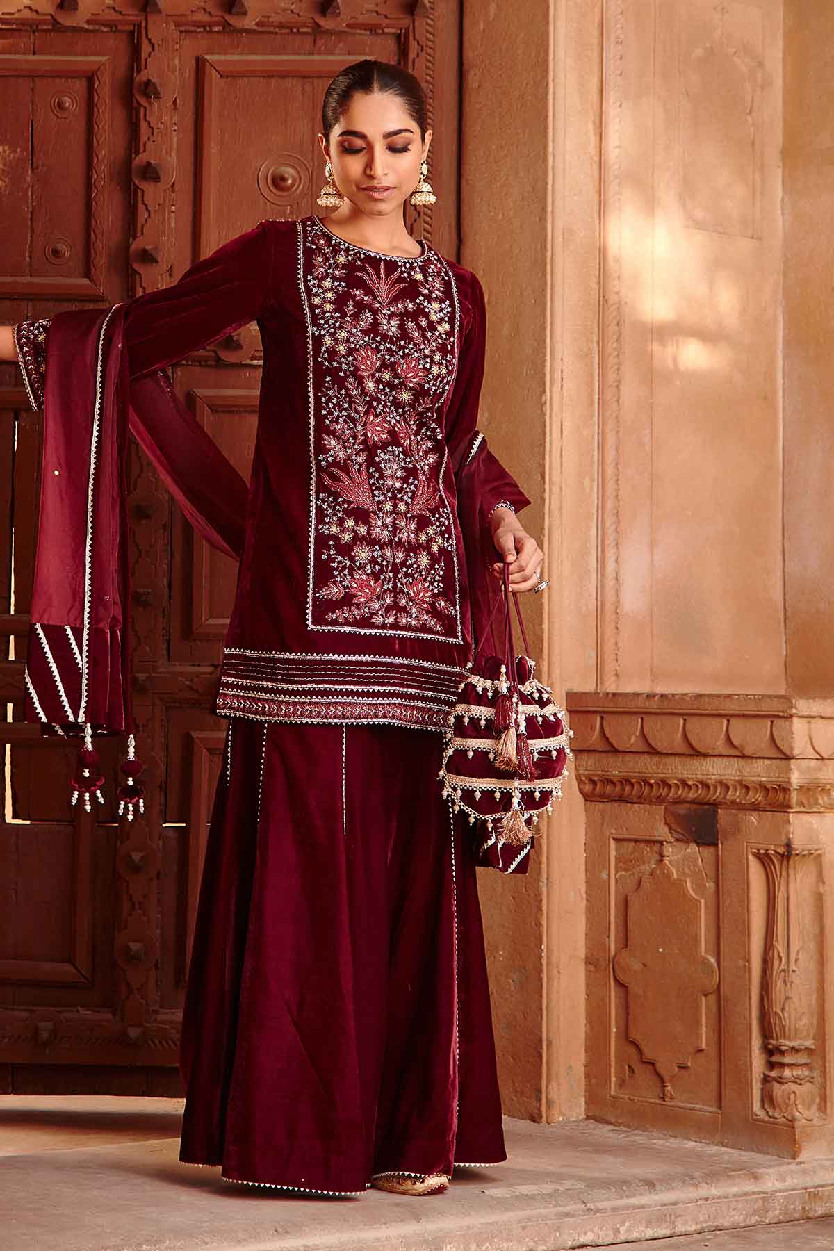 Wine Yoke Embroidered Garara Set