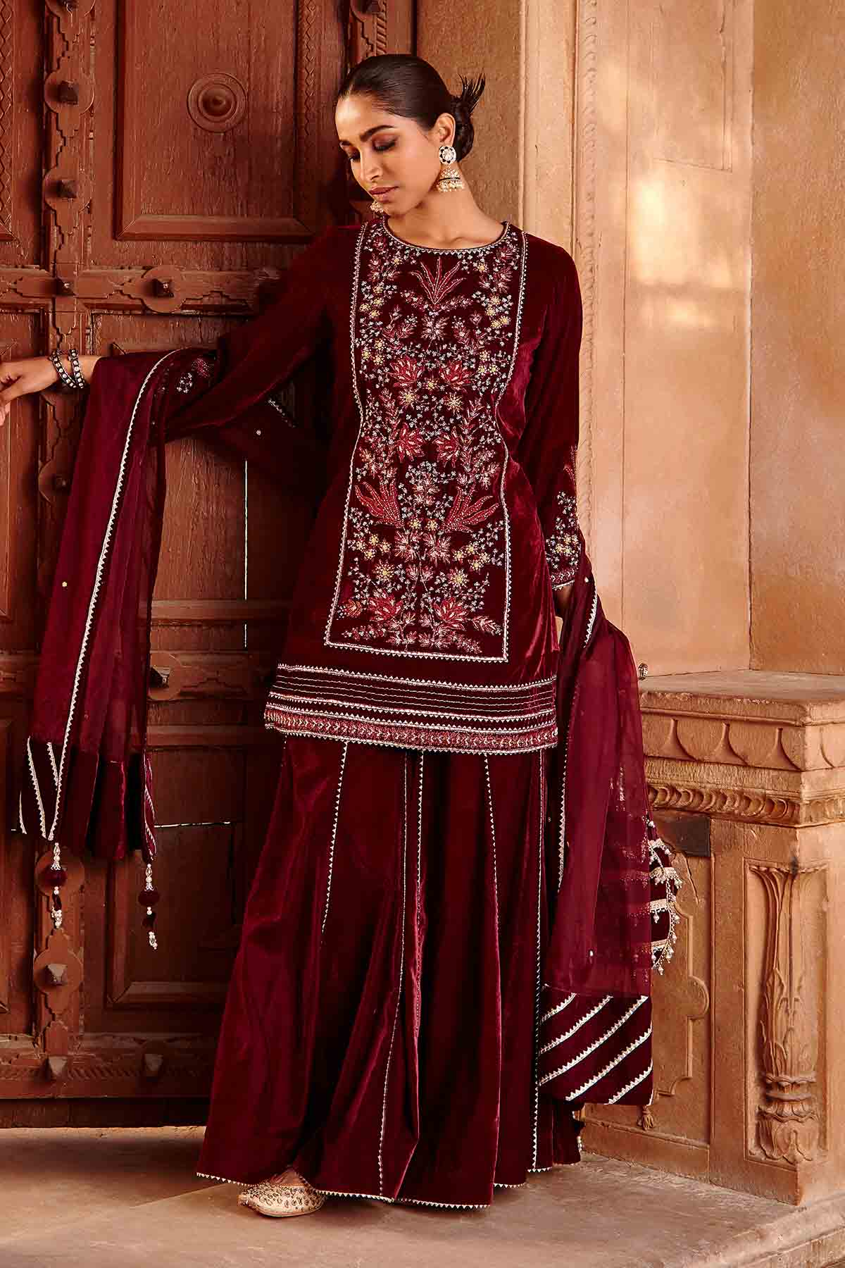 Buy Wine Yoke Embroidered Garara Set by Ajiesh Oberoi for women online at ScrollnShops