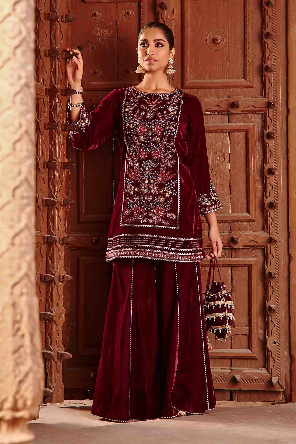 Wine Yoke Embroidered Garara Set