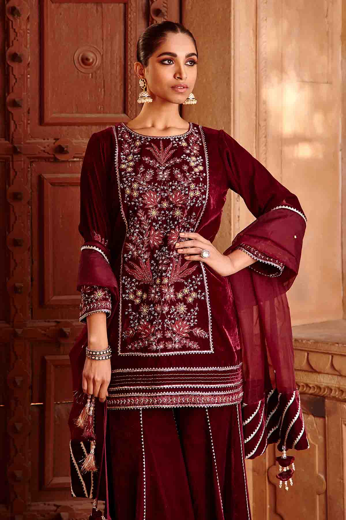 Wine Yoke Embroidered Garara Set
