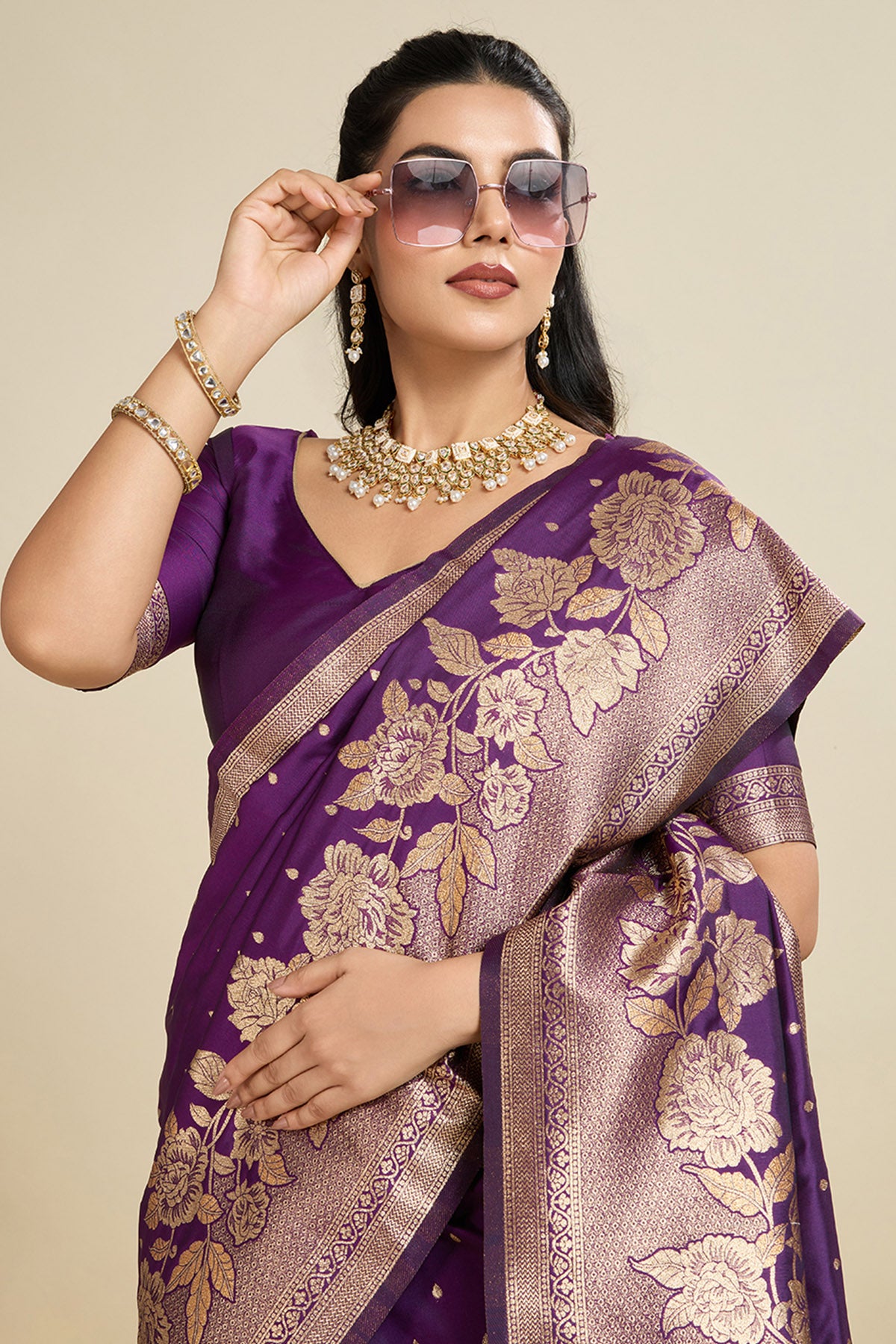 Wine Zari Floral Saree & Blouse