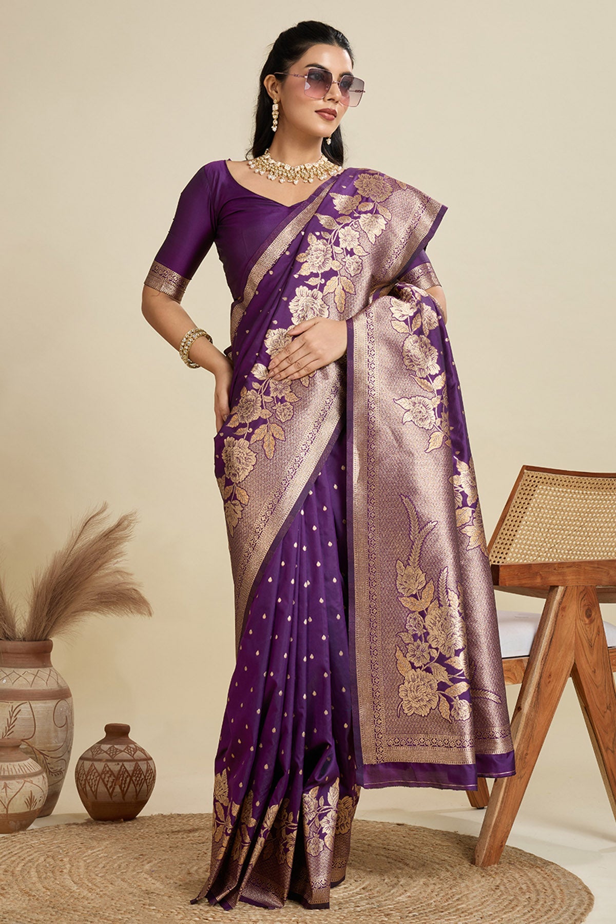 Buy Wine Zari Floral Saree & Blouse for Women Online available at ScrollnShops