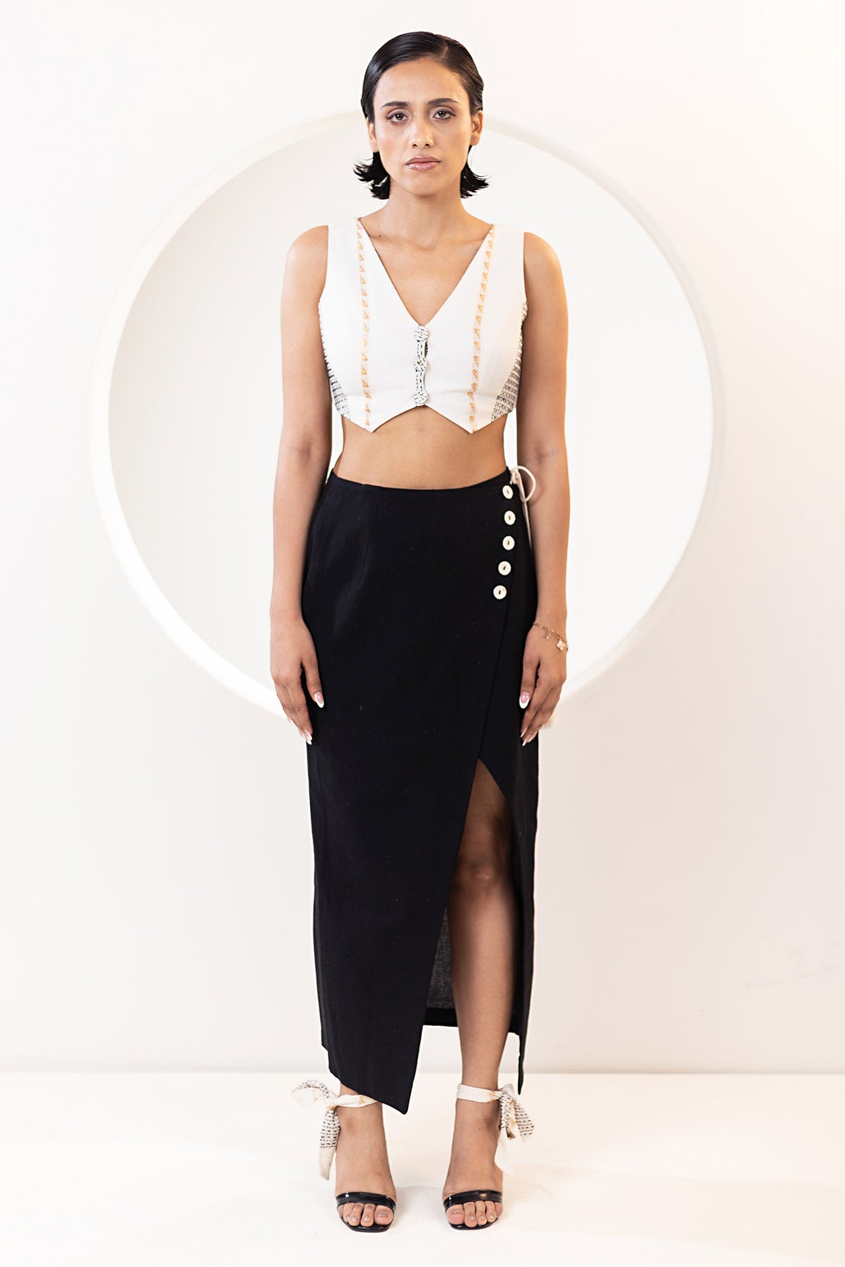 Designer Kusmi Effortless Sophistication: Black Cotton Wrap & Waistcoat Set For Women at ScrollnShops
