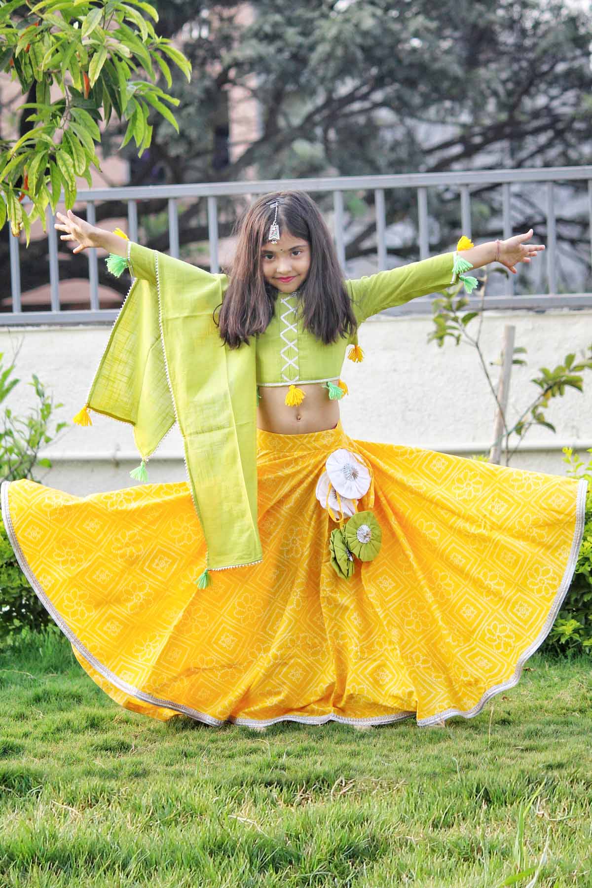 Yellow Bandhani Gota Lehenga Set