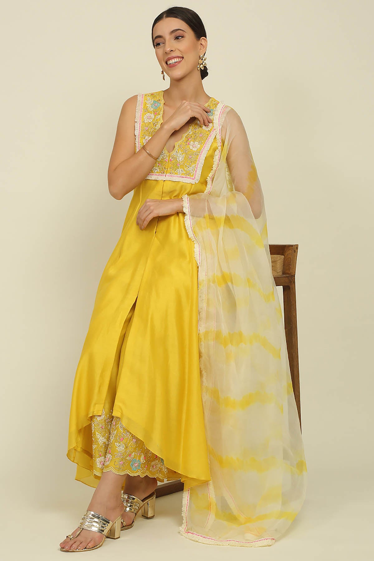 Yellow Chanderi V-Neck Kurta Set