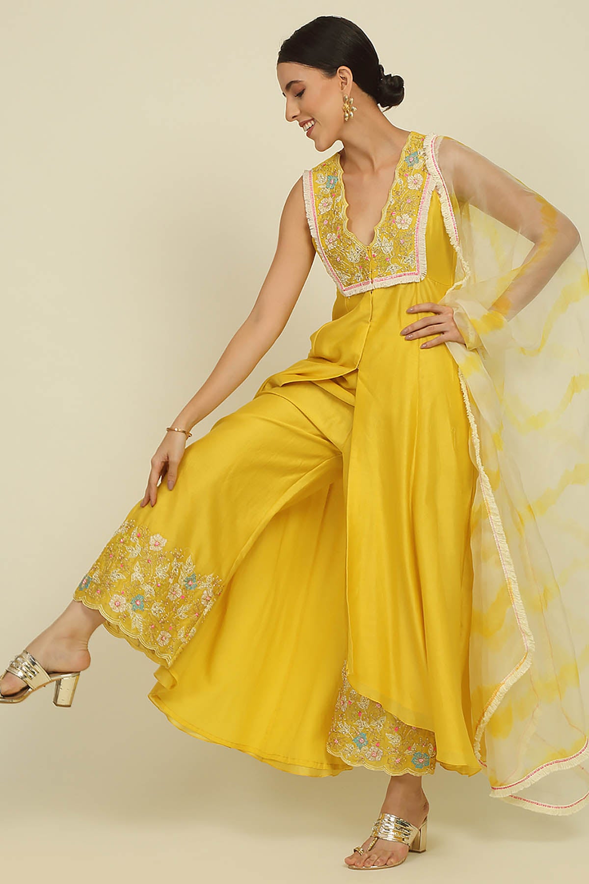 Yellow Chanderi V-Neck Kurta Set