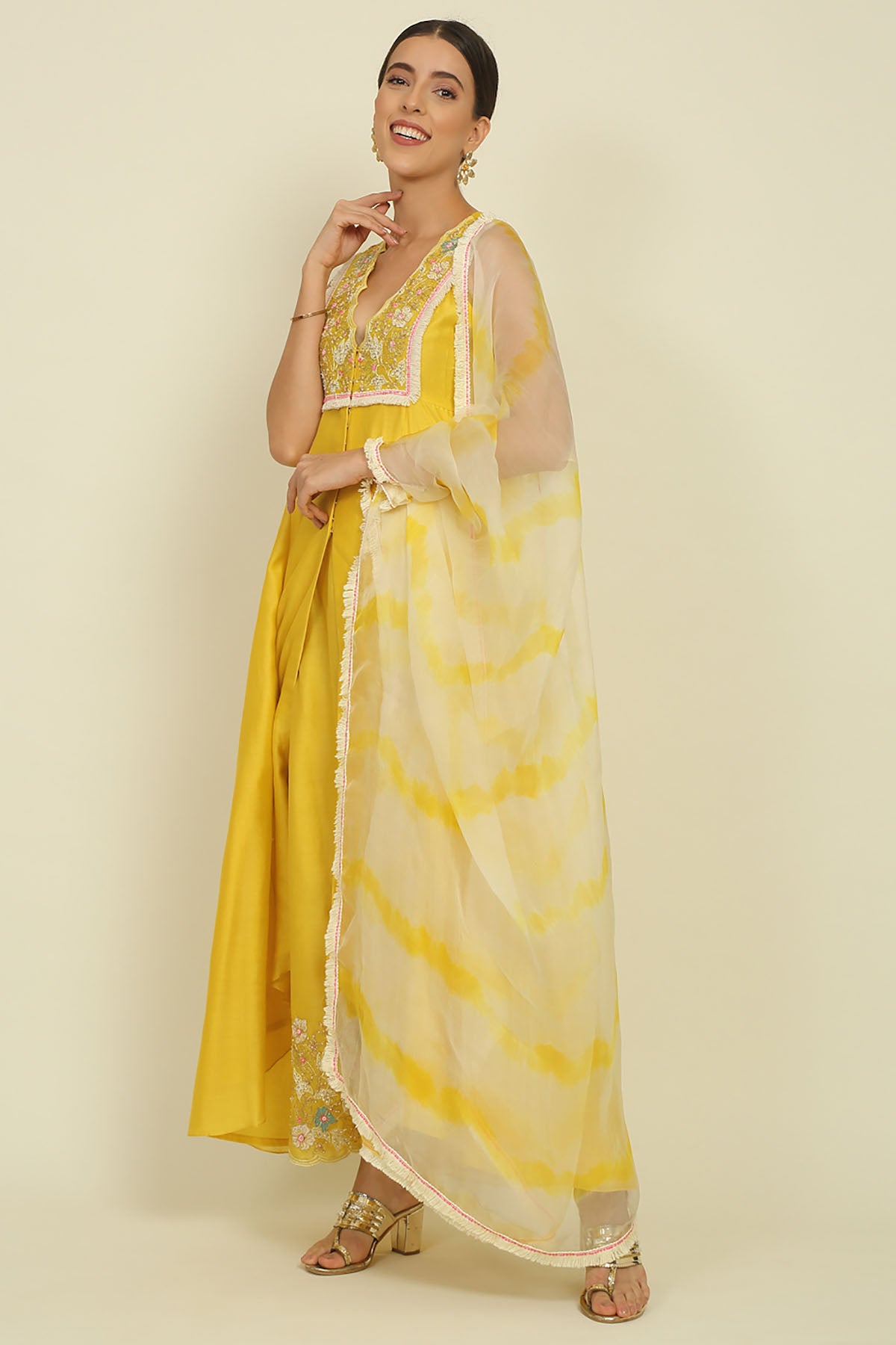 Yellow Chanderi V-Neck Kurta Set