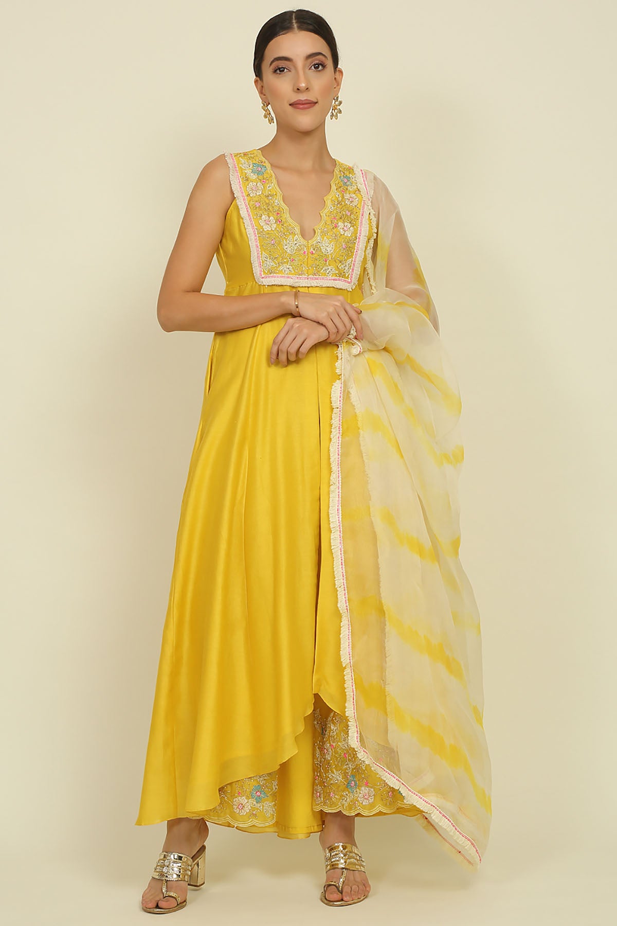 Yellow Chanderi V-Neck Kurta Set