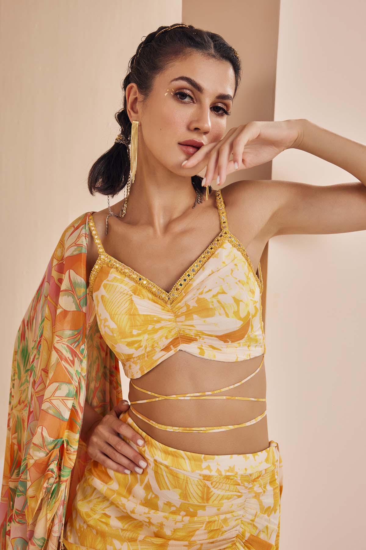 Yellow Chiffon Abstract Print Lehenga Set
