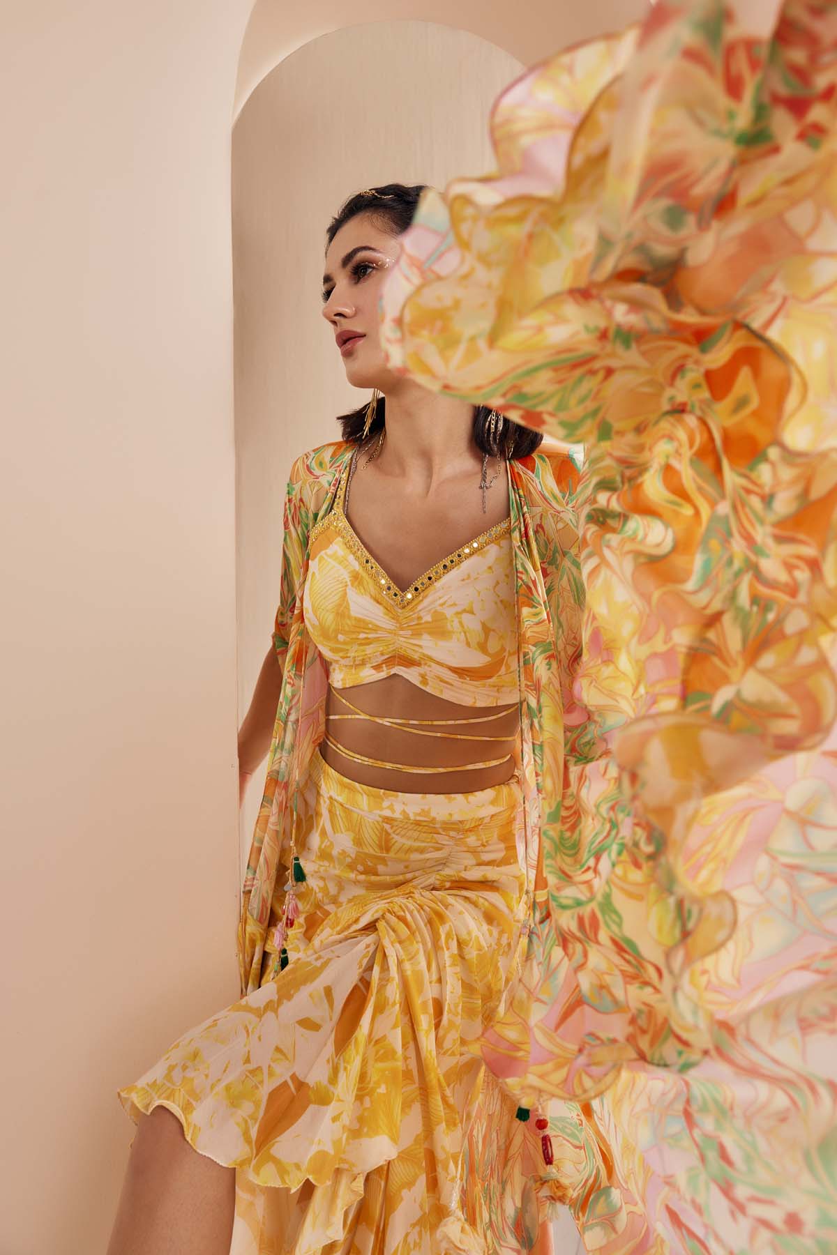 Yellow Chiffon Abstract Print Lehenga Set