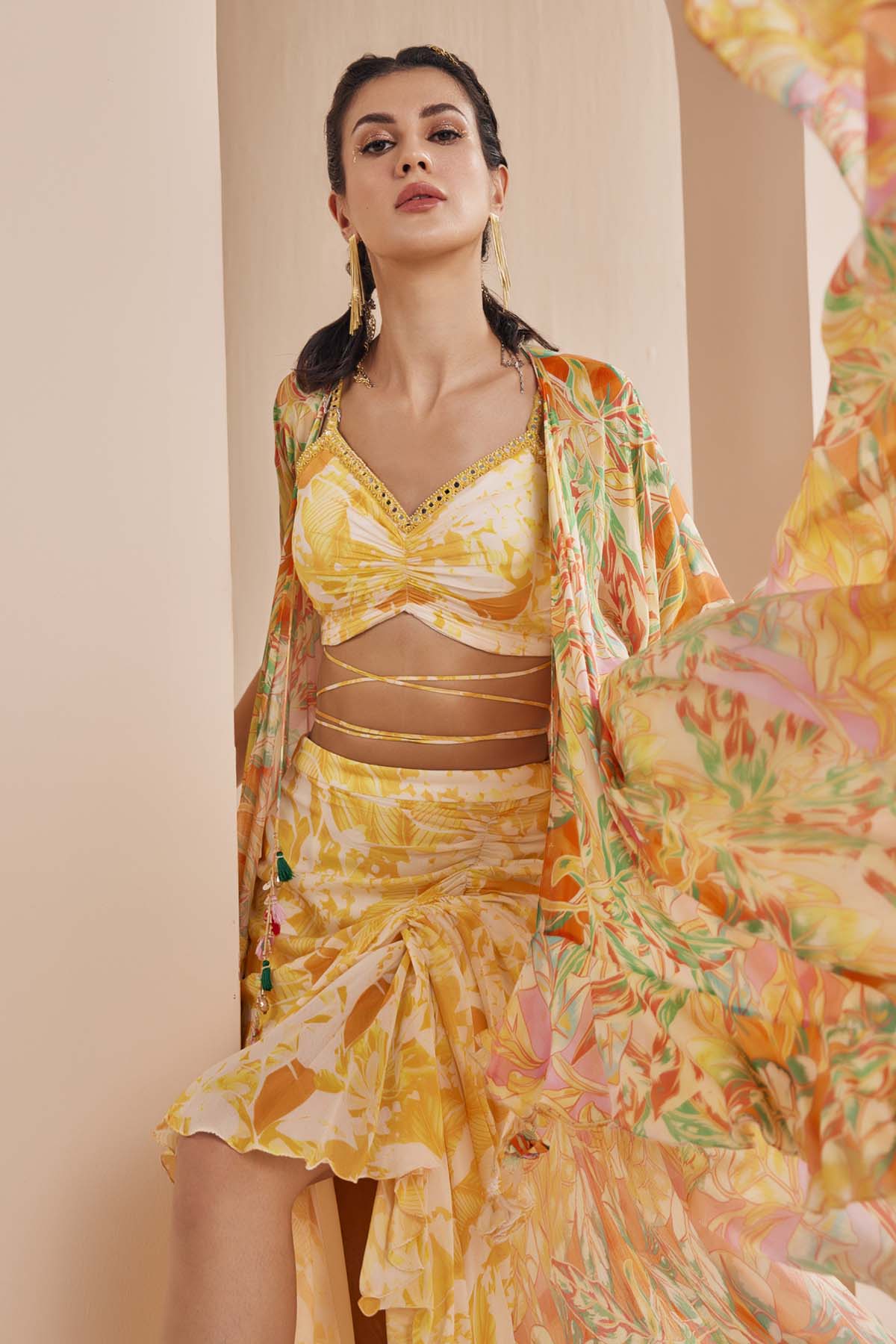 Yellow Chiffon Abstract Print Lehenga Set