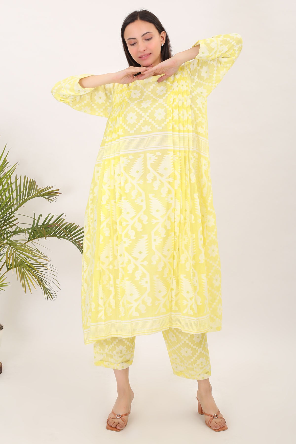 Yellow Cotton Jamdani Kurta Set