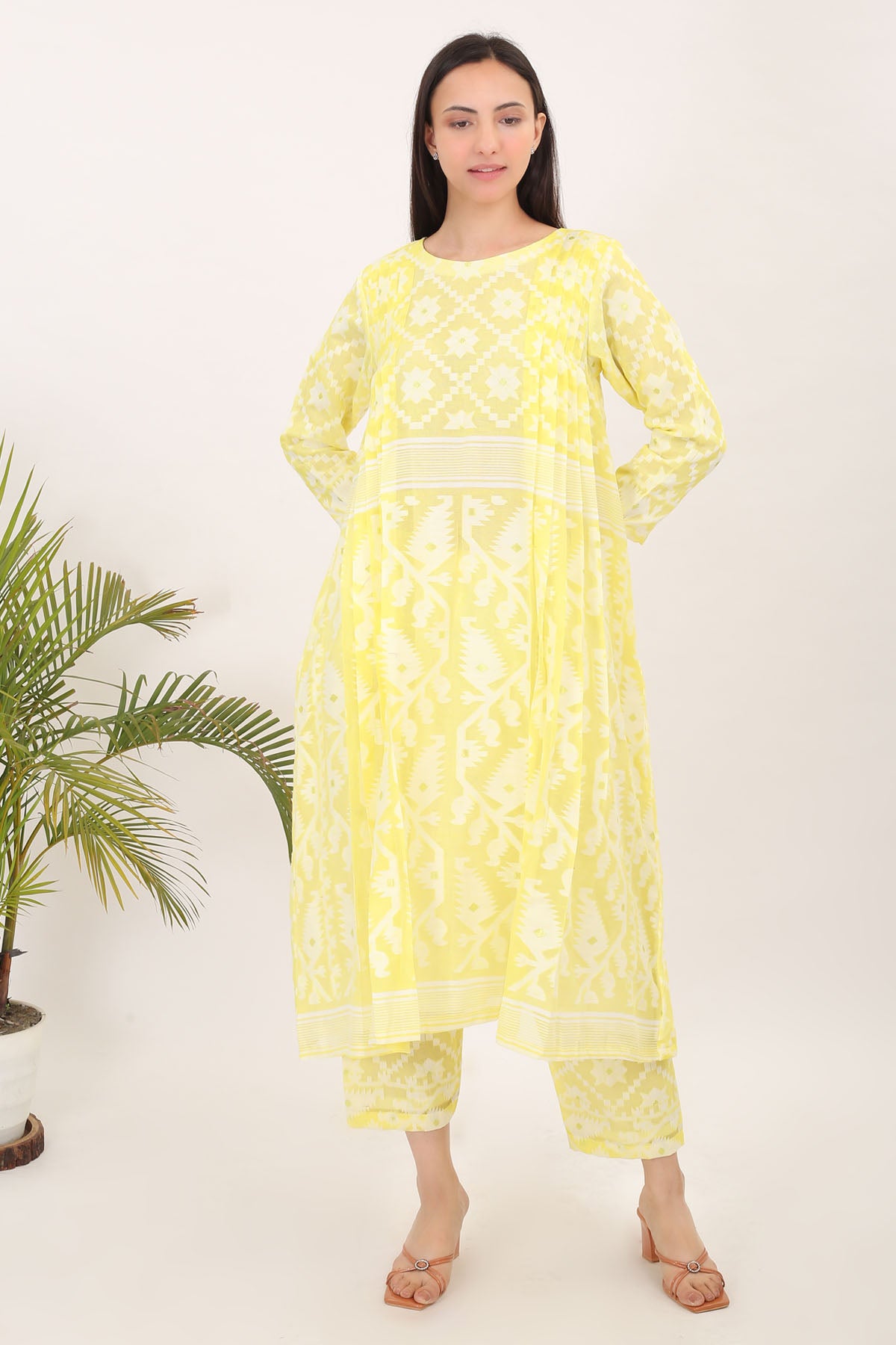 Yellow Cotton Jamdani Kurta Set