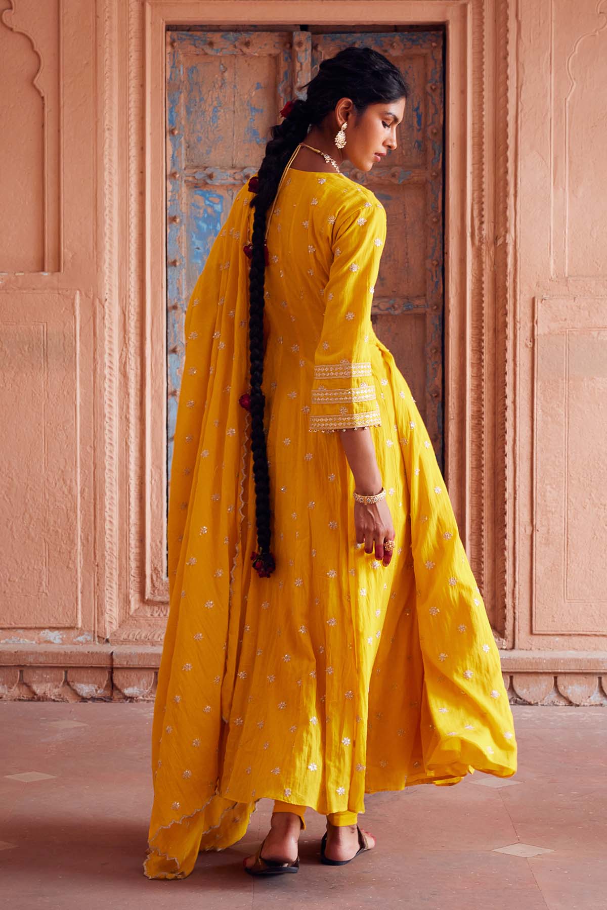 Yellow Cotton Mul Angrakha Set