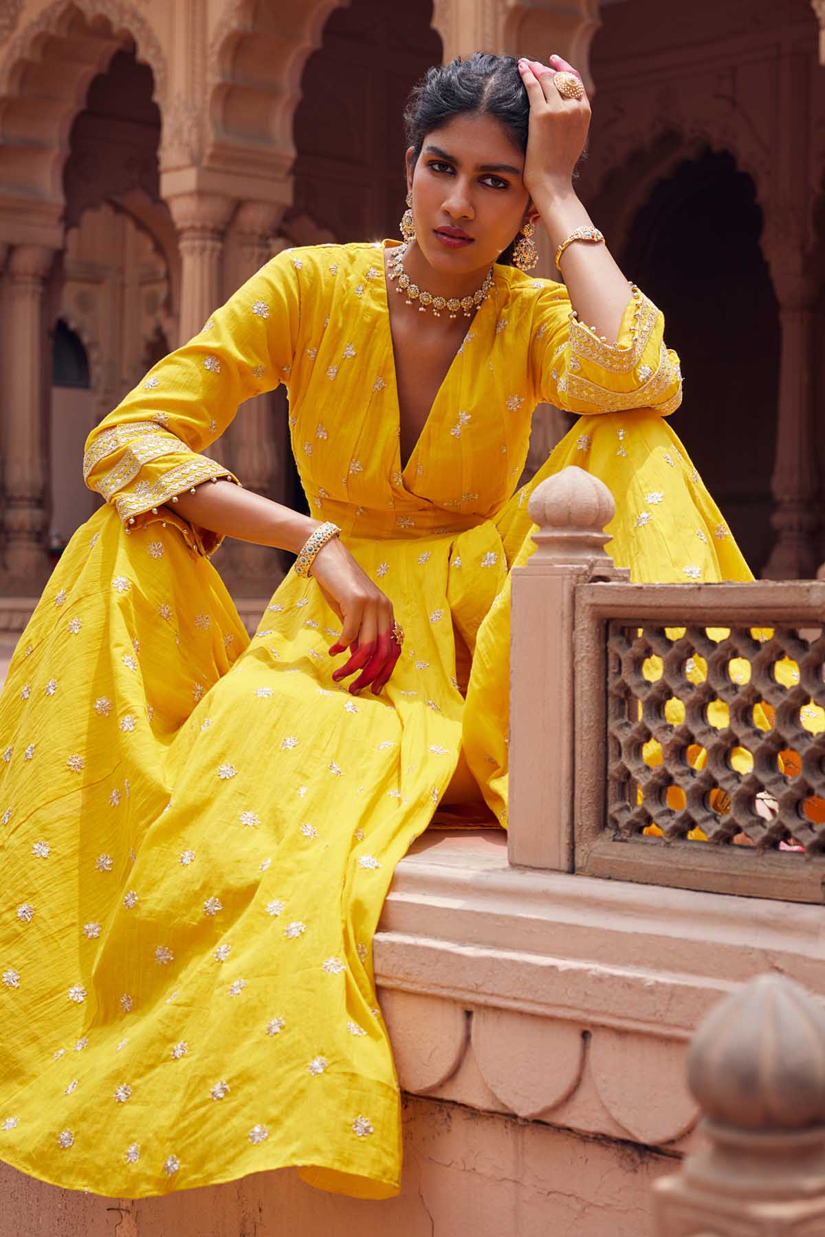 Yellow Cotton Mul Angrakha Set
