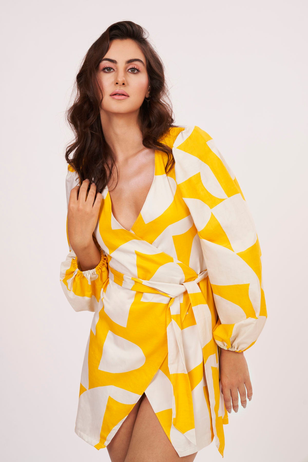 Yellow Cotton Satin Wrap Dress