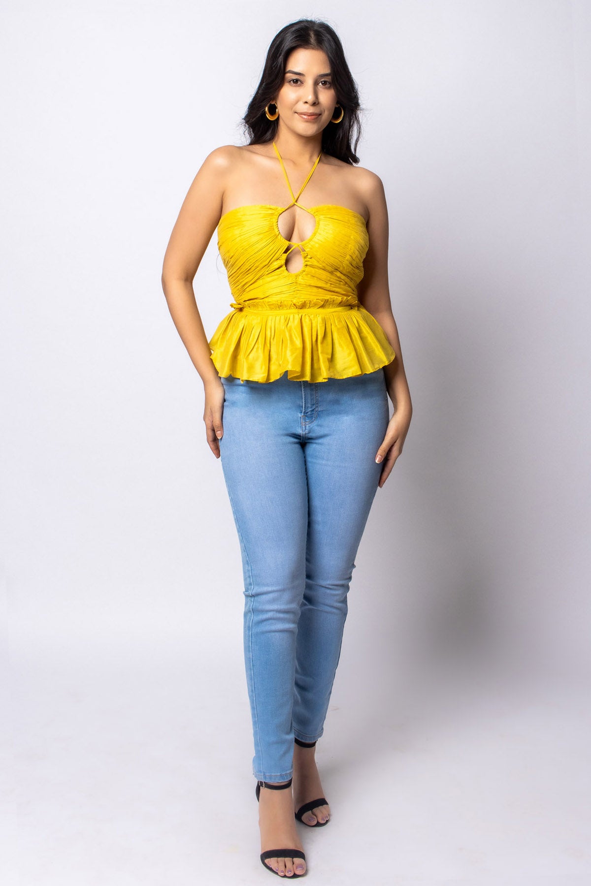 Buy Label J Yellow Cotton Silk Peplum Top at ScrollnShops