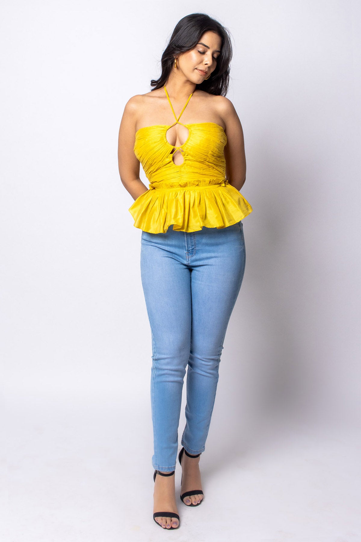 Yellow Cotton Silk Peplum Top