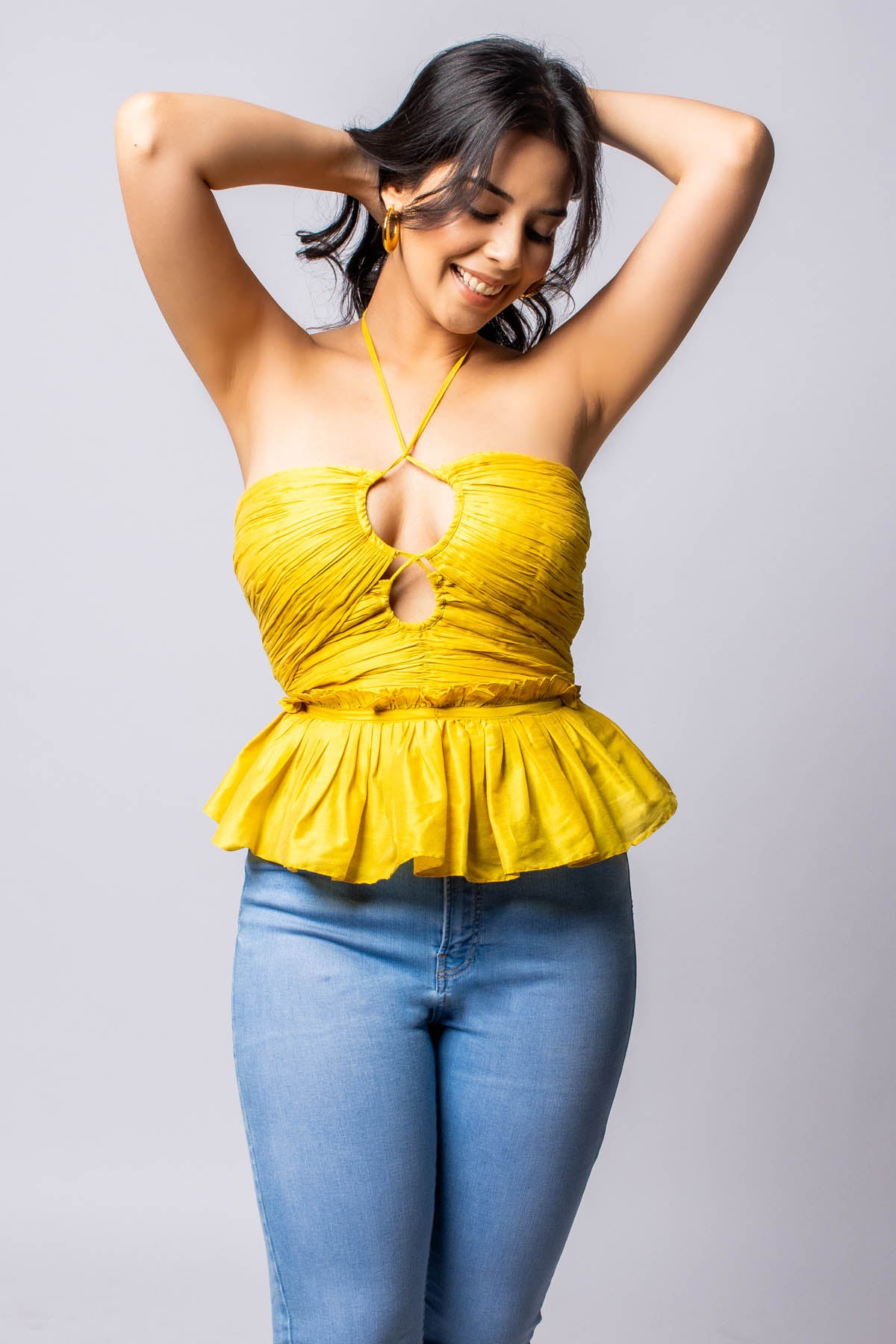 Yellow Cotton Silk Peplum Top