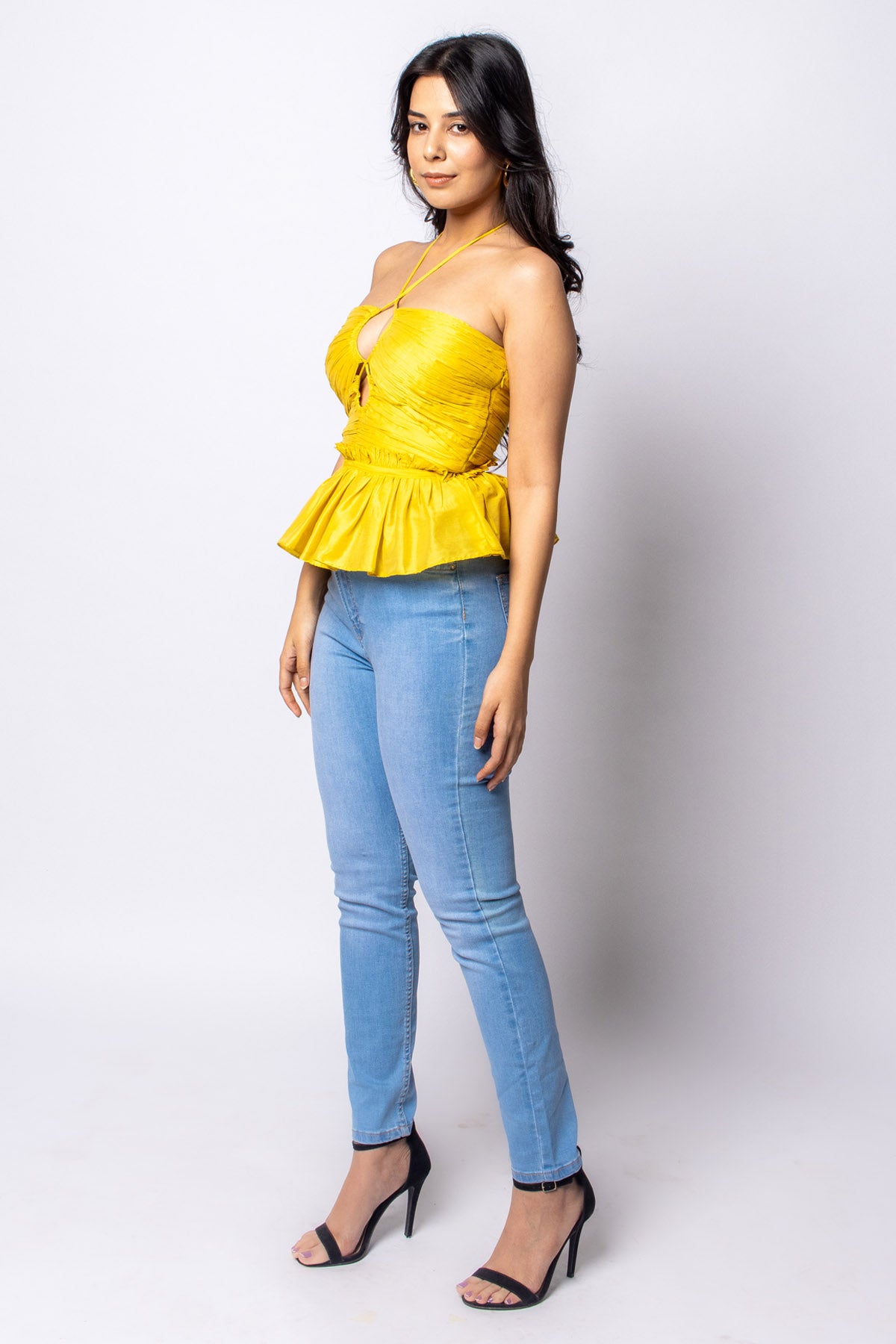 Yellow Cotton Silk Peplum Top