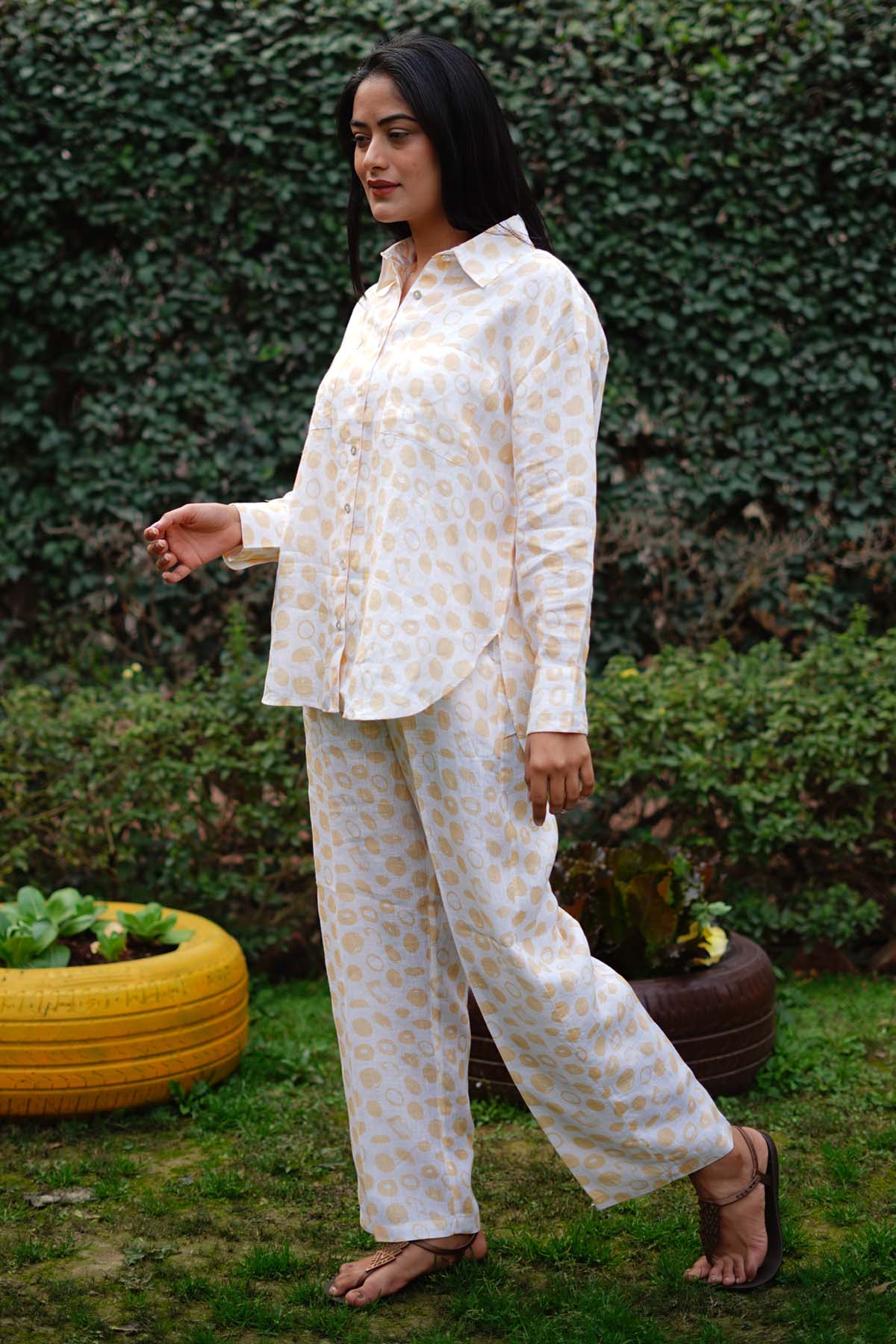 Yellow Dot Print Linen Shirt