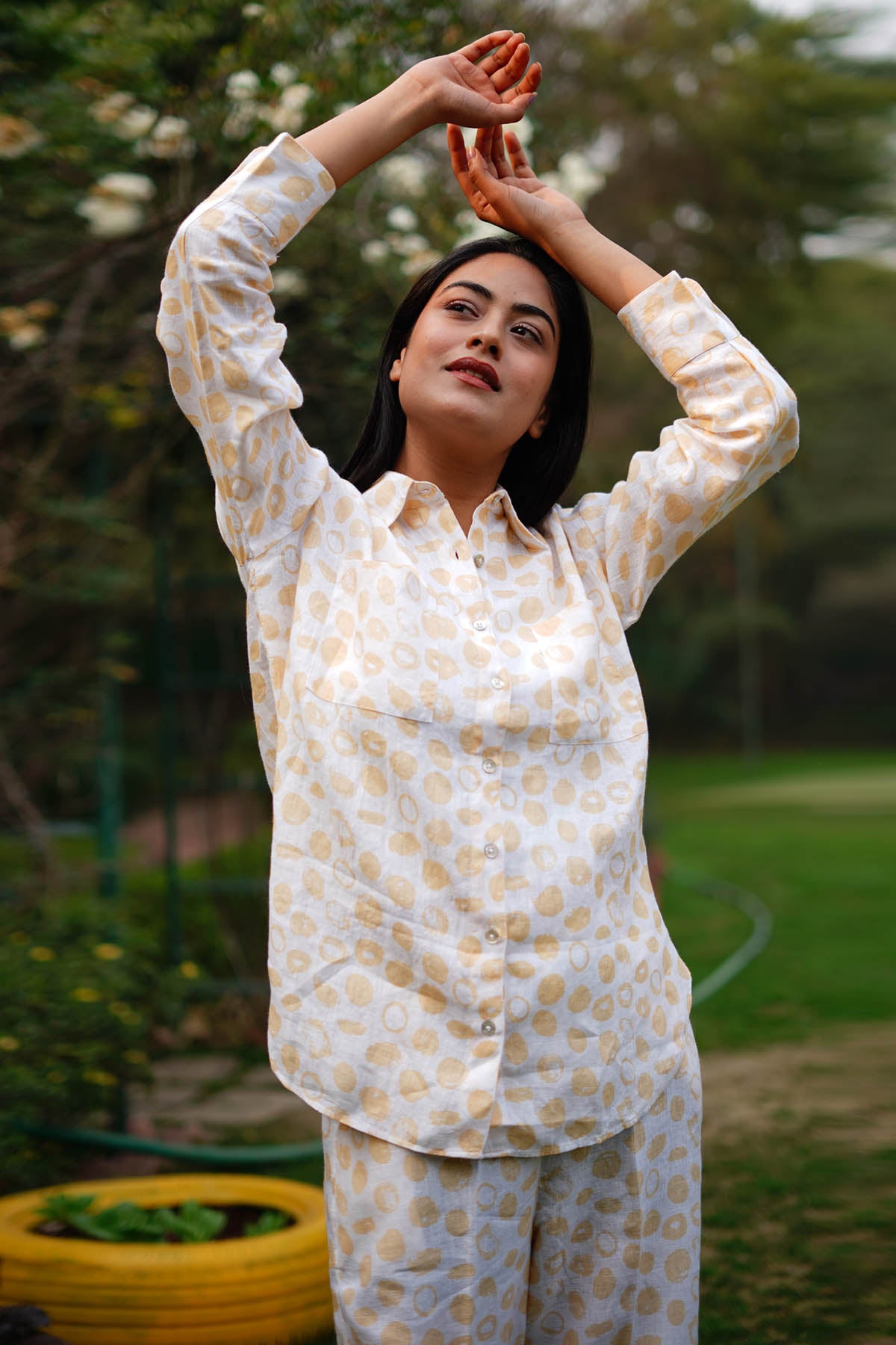 Yellow Dot Print Linen Shirt
