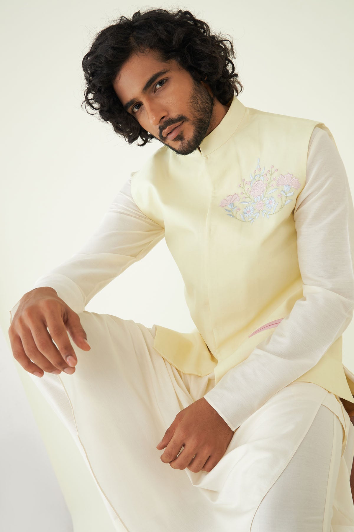 Yellow Embroidered Bundi Set