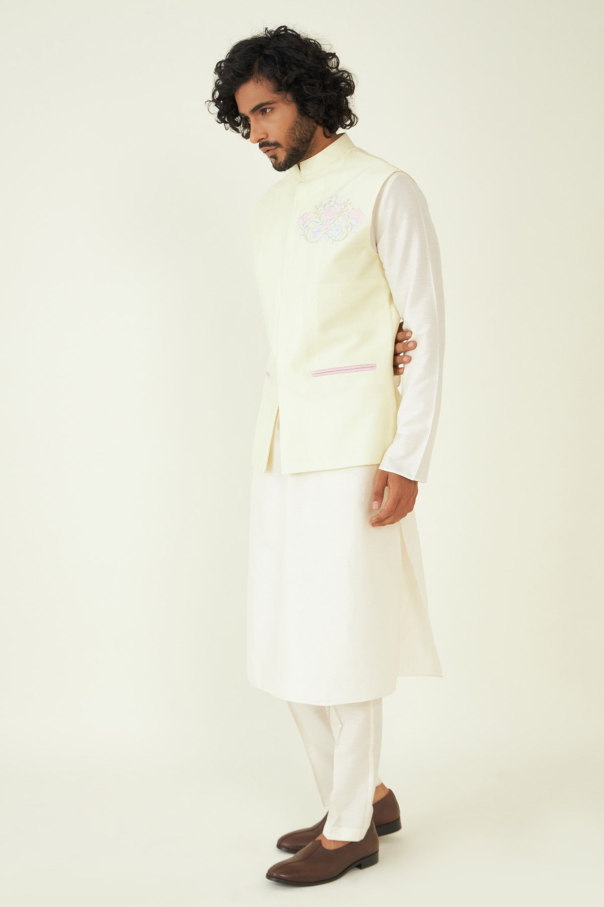 Yellow Embroidered Bundi Set