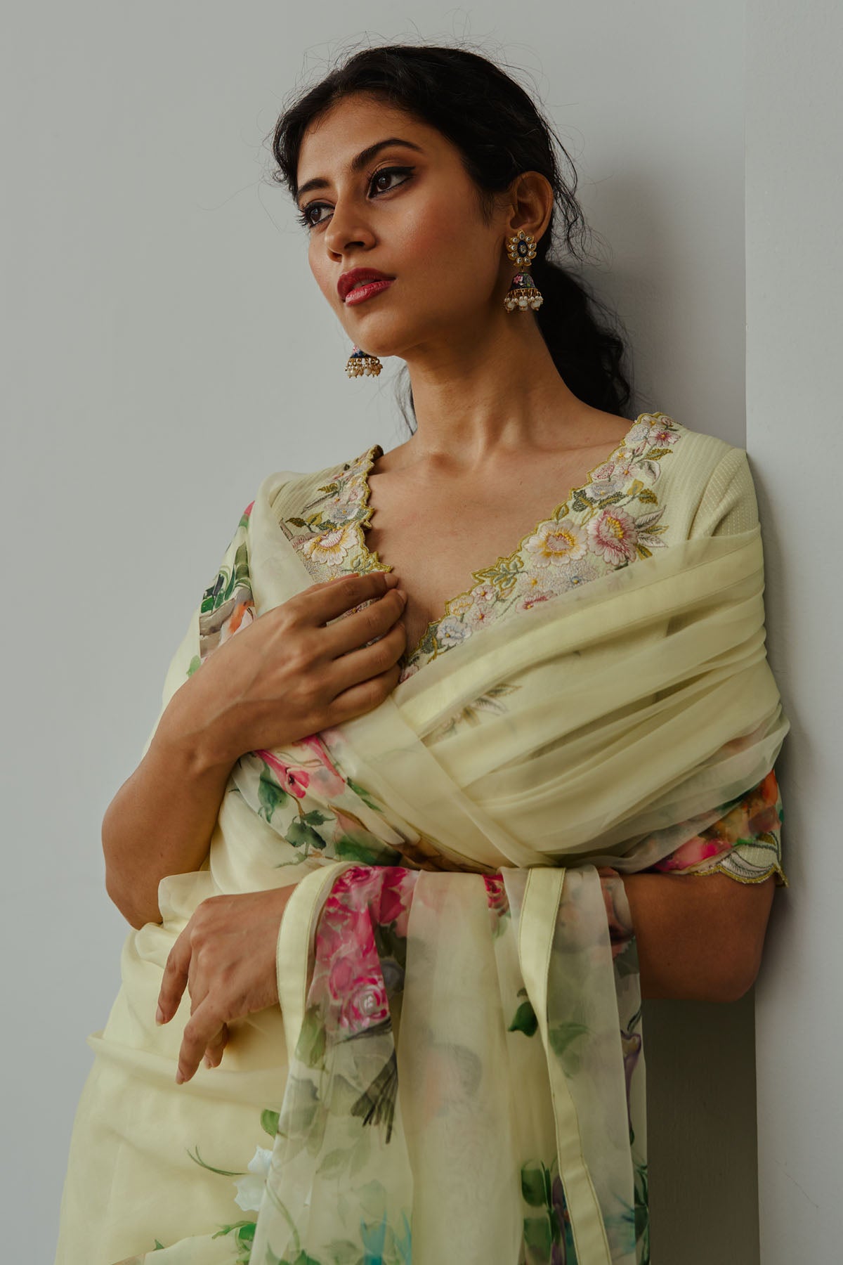 Yellow Floral Organza Saree Set