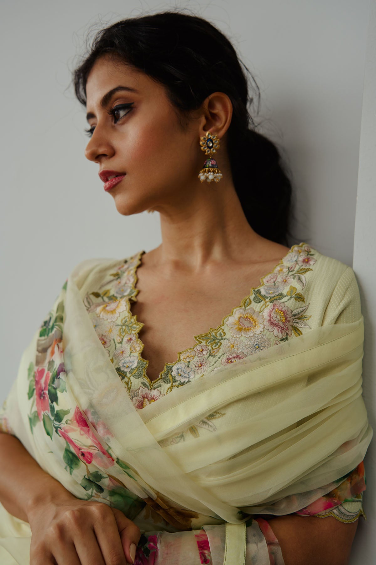 Yellow Floral Organza Saree Set