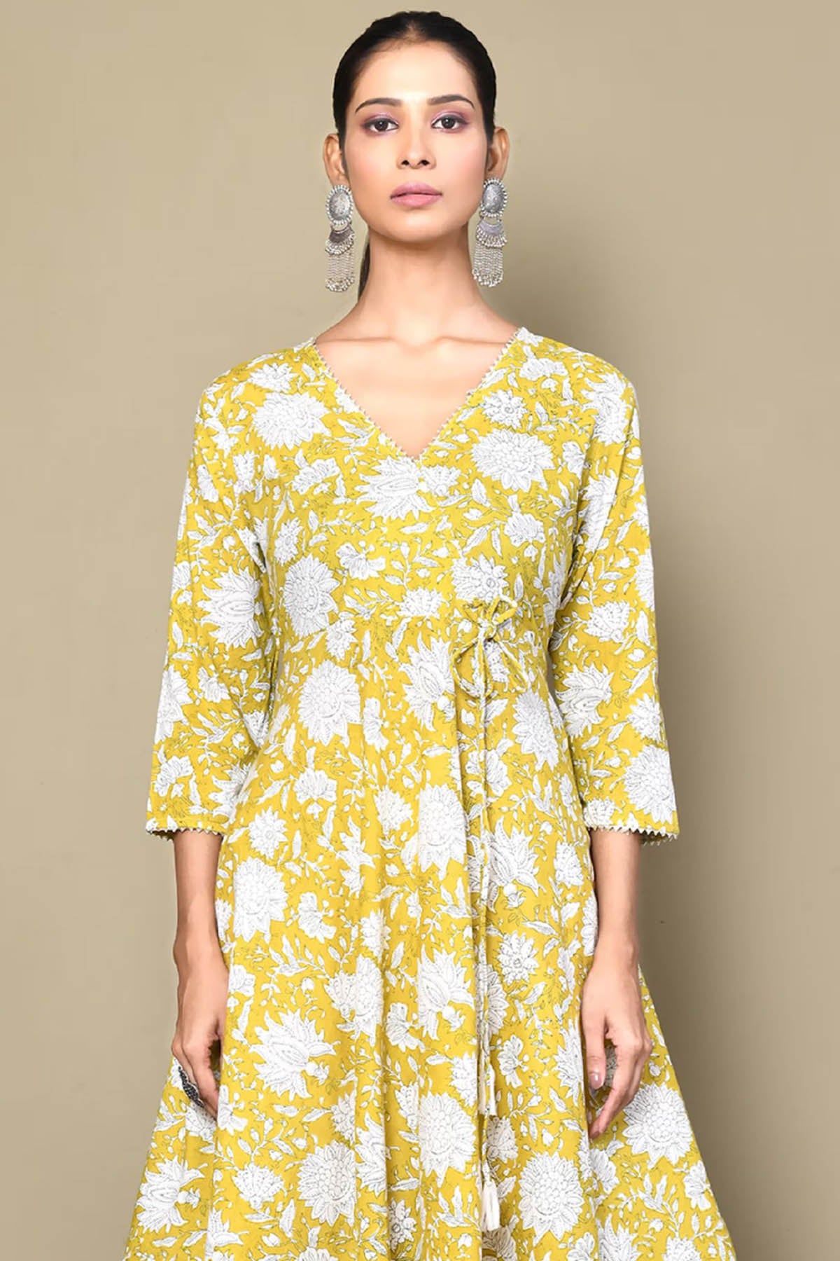 Yellow Floral Print Cotton Kurta